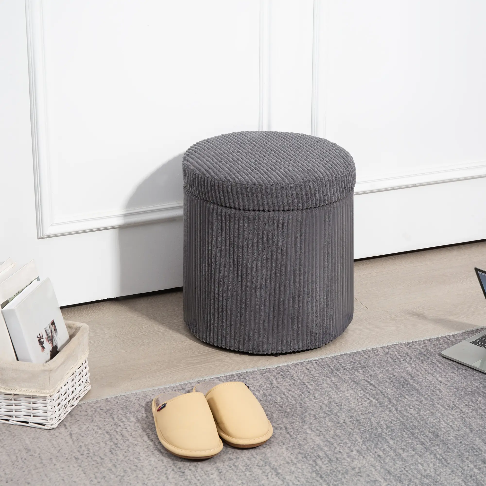 Round Corduroy Storage Ottoman 40 x 41cm - Grey - 2