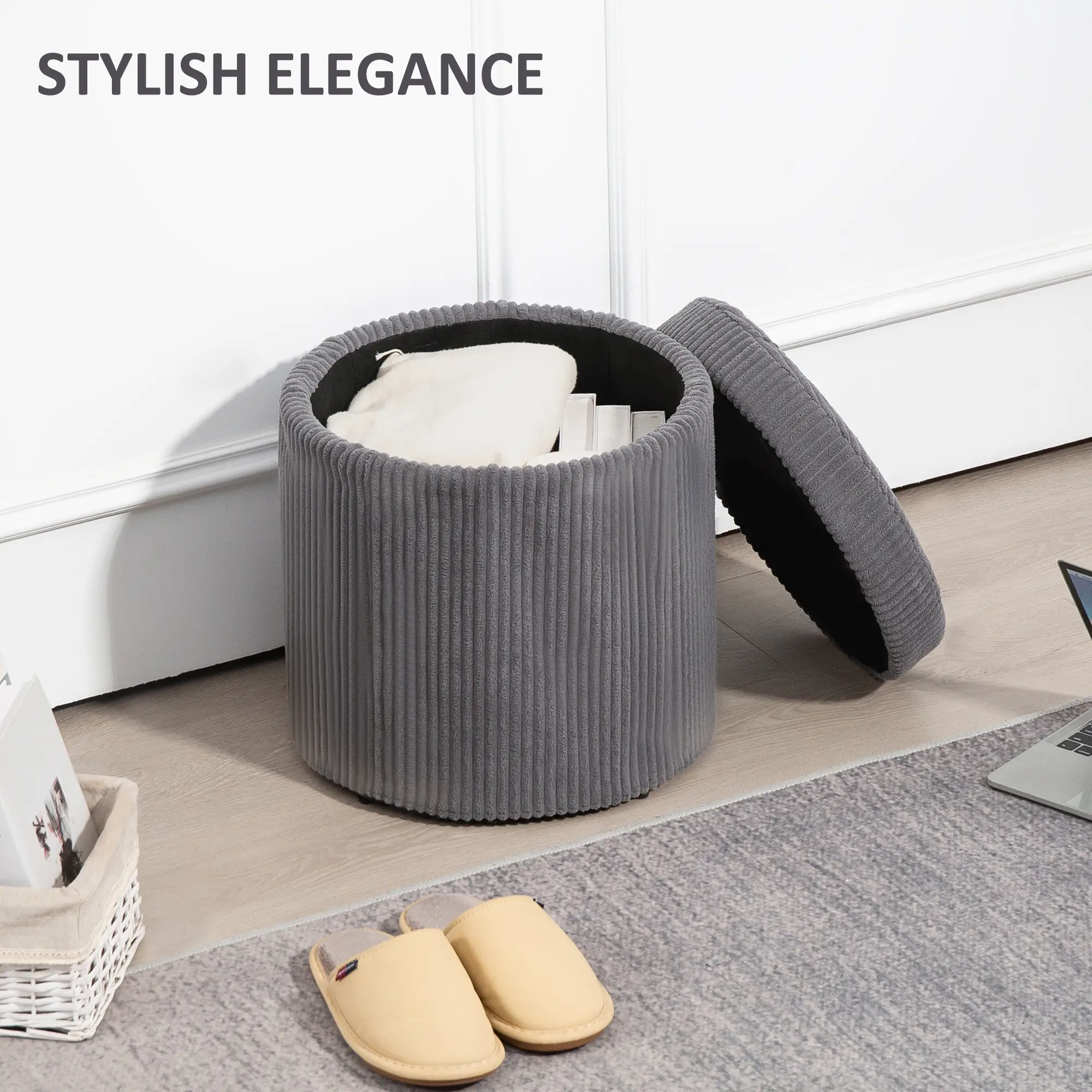 Round Corduroy Storage Ottoman 40 x 41cm - Grey - 4