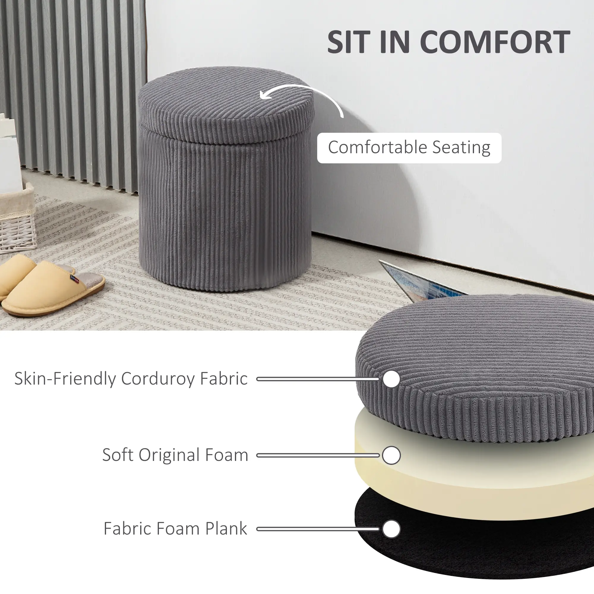 Round Corduroy Storage Ottoman 40 x 41cm - Grey - 5