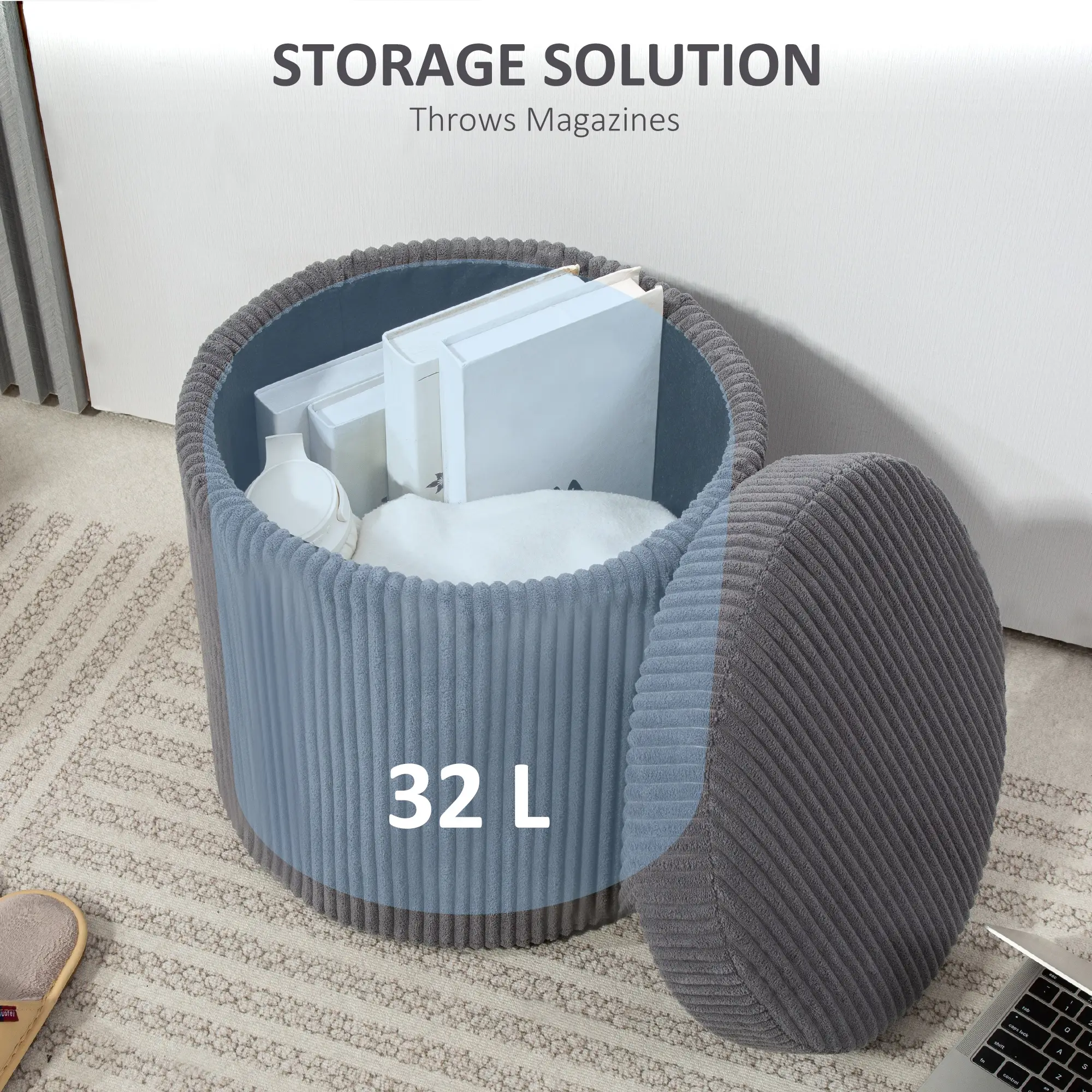 Round Corduroy Storage Ottoman 40 x 41cm - Grey - 6