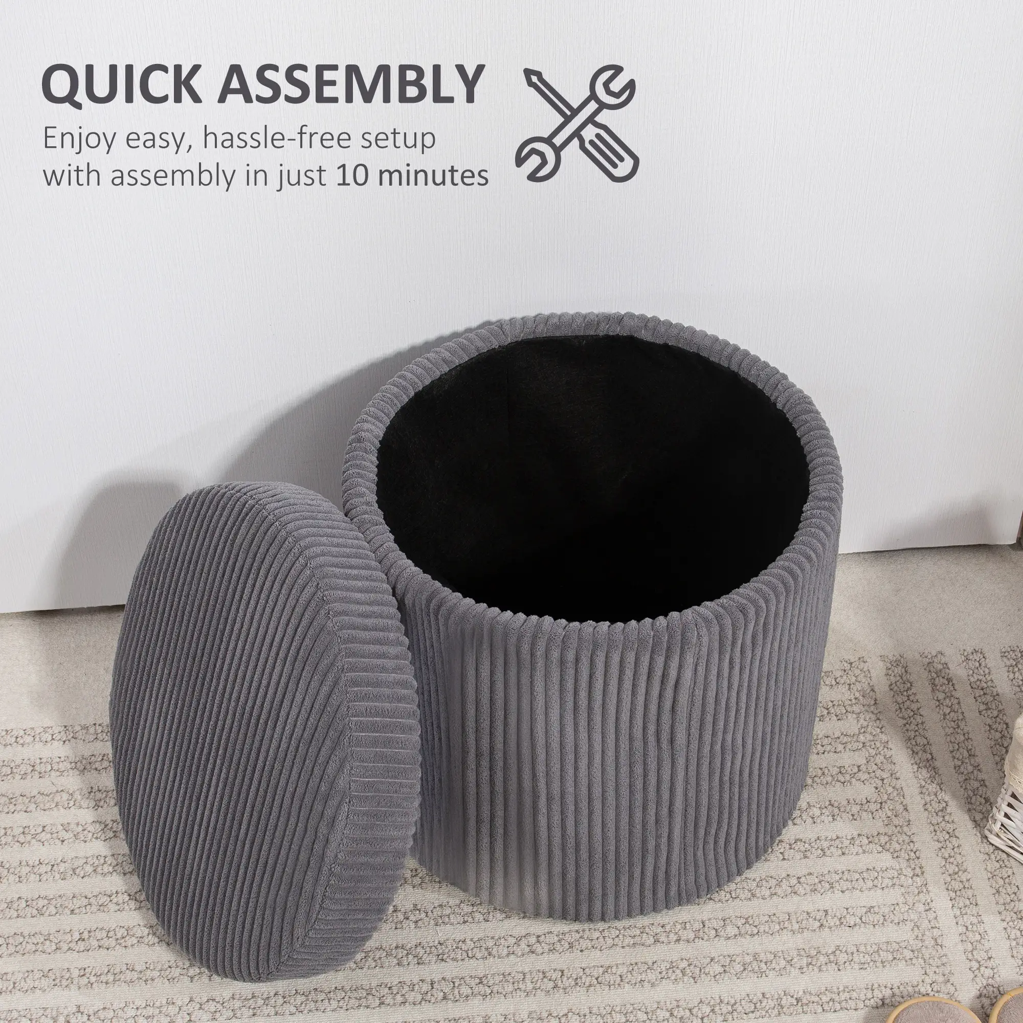 Round Corduroy Storage Ottoman 40 x 41cm - Grey - 7