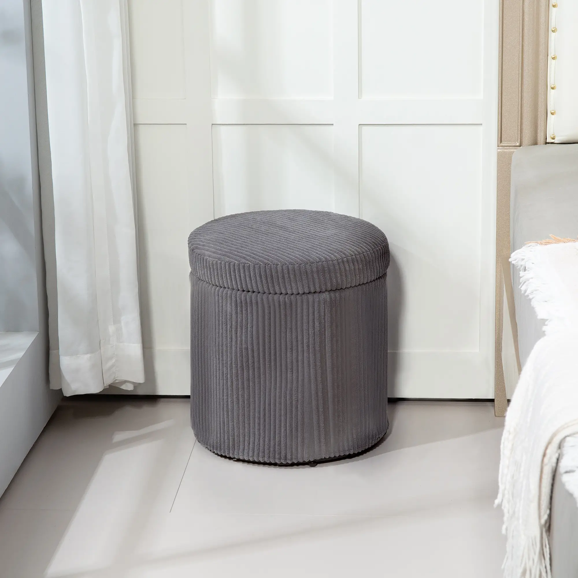 Round Corduroy Storage Ottoman 40 x 41cm - Grey - 10