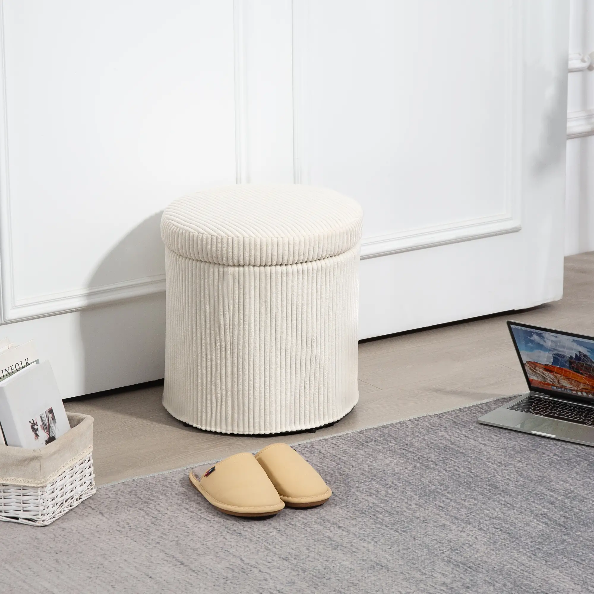 Round Corduroy Storage Ottoman 40 x 41cm - Beige - 2