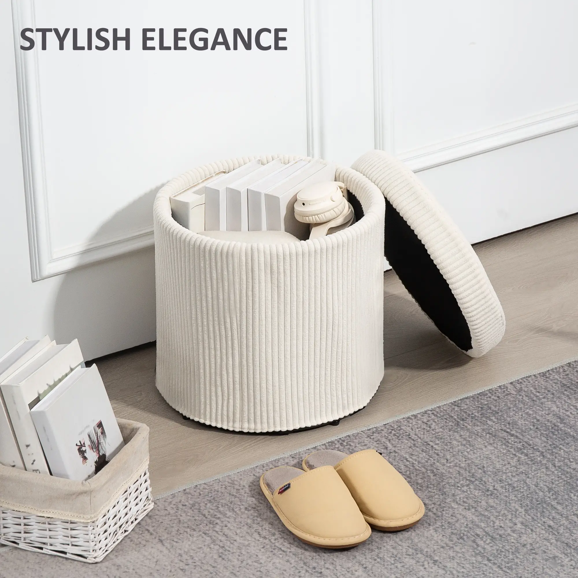 Round Corduroy Storage Ottoman 40 x 41cm - Beige - 4