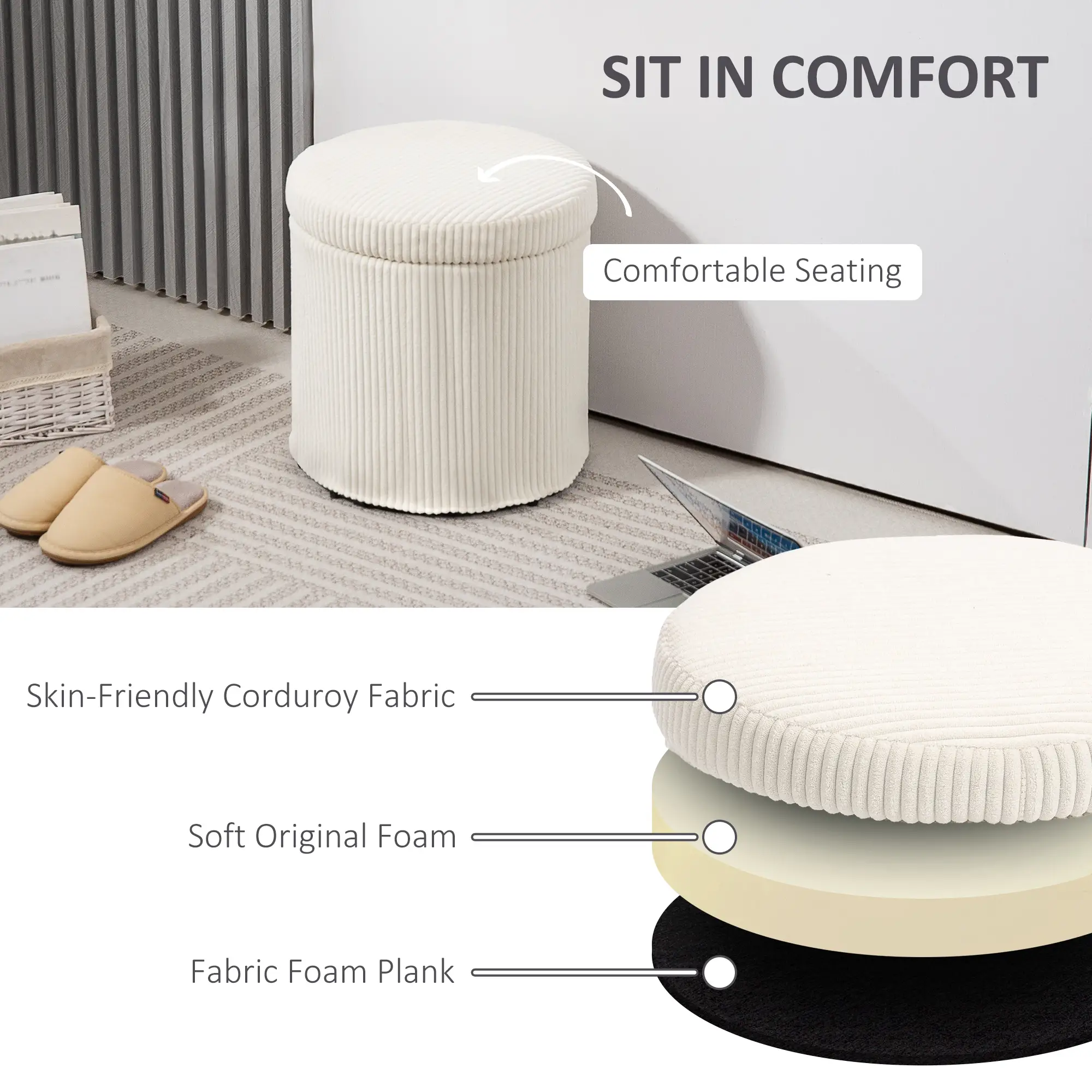 Round Corduroy Storage Ottoman 40 x 41cm - Beige - 5