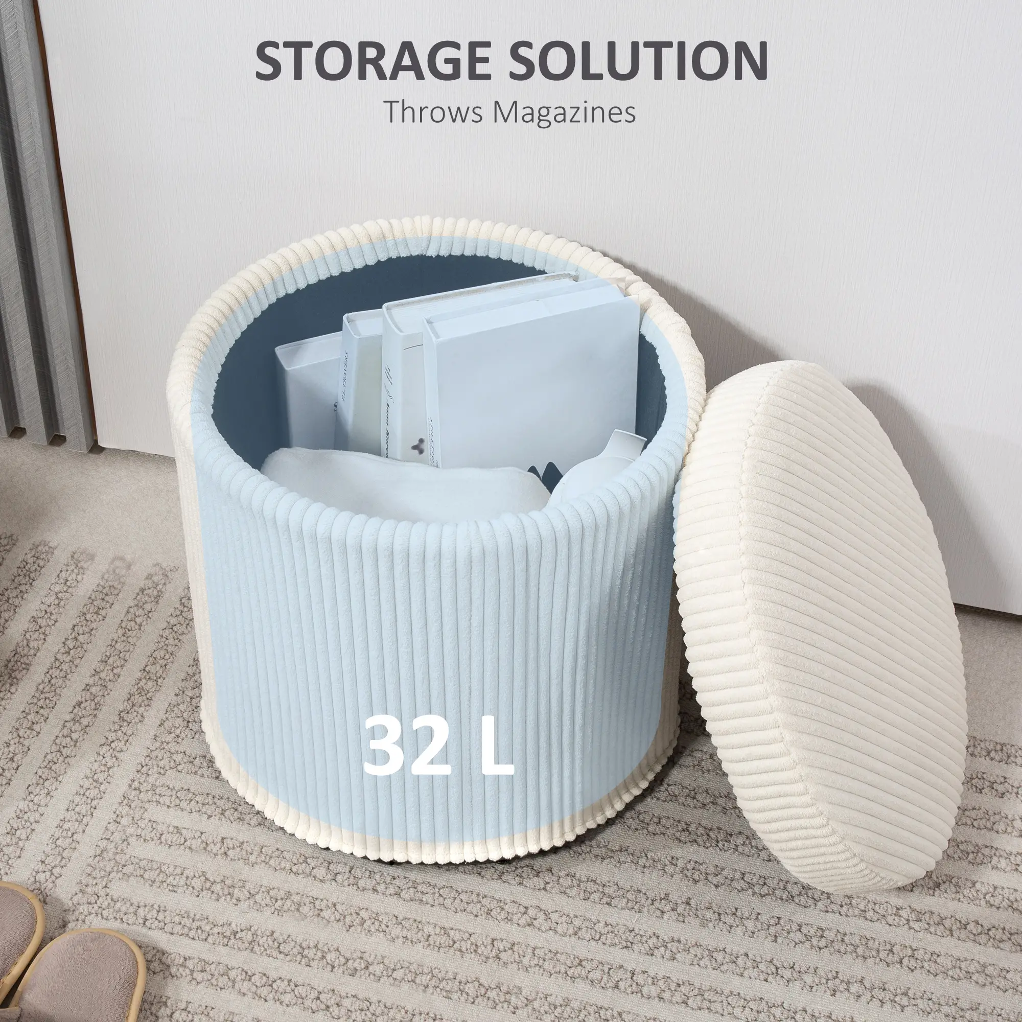 Round Corduroy Storage Ottoman 40 x 41cm - Beige - 6