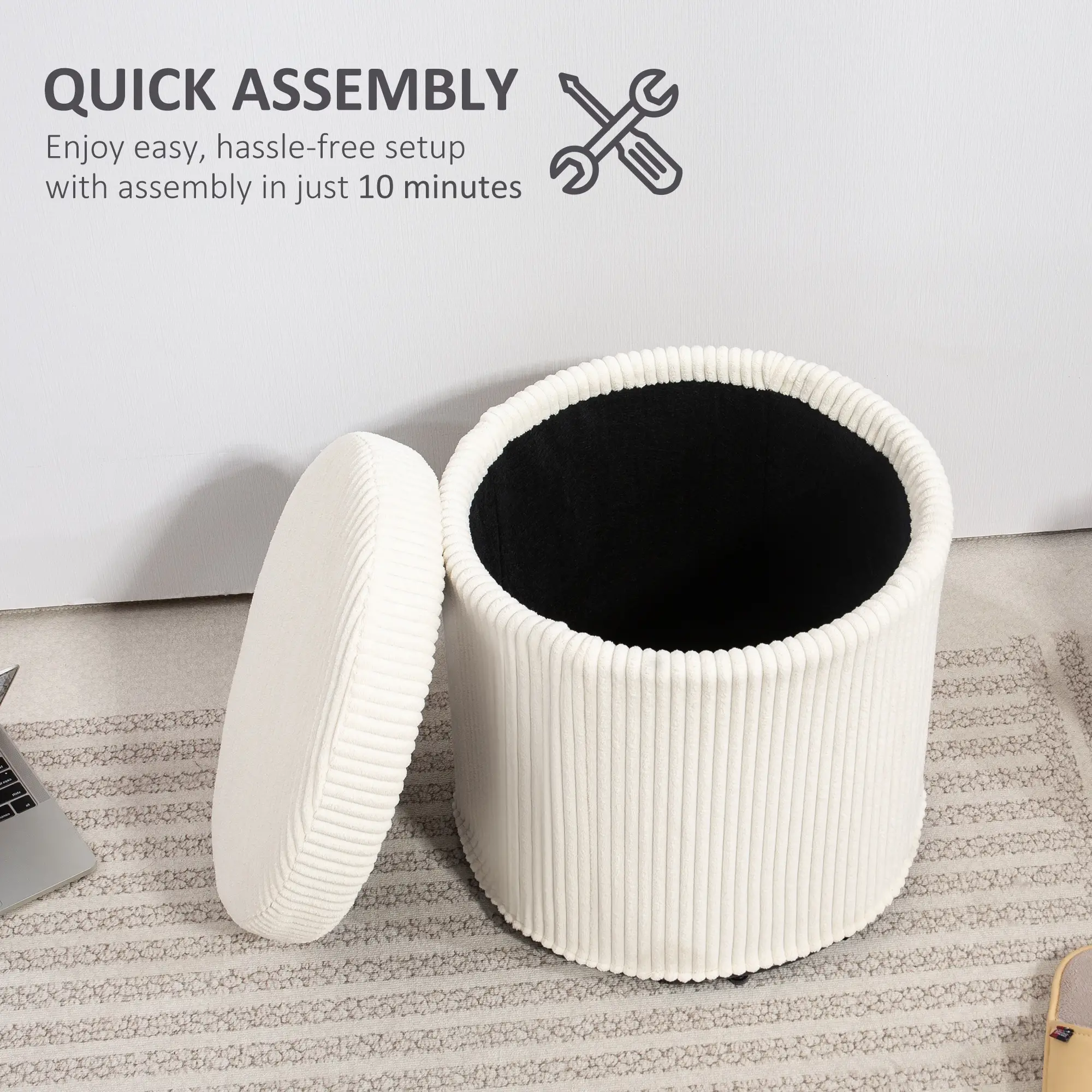 Round Corduroy Storage Ottoman 40 x 41cm - Beige - 7