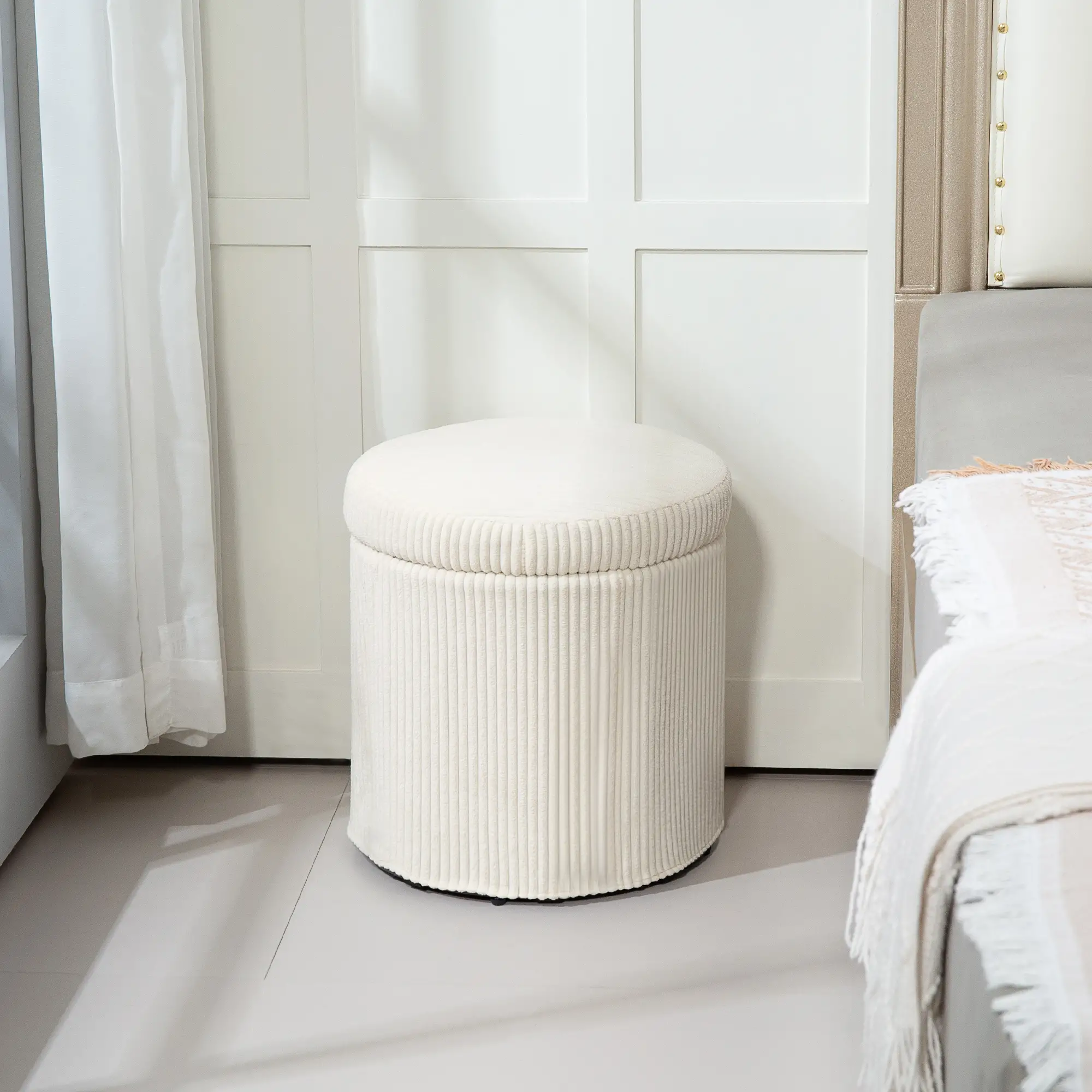 Round Corduroy Storage Ottoman 40 x 41cm - Beige - 10