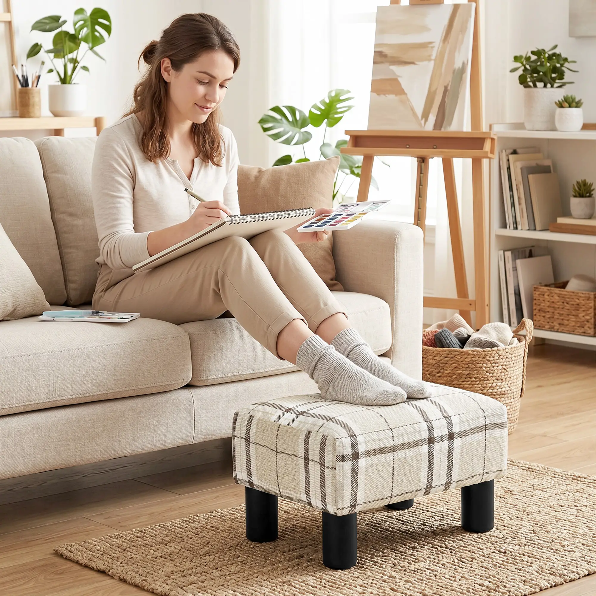 Linen Footstool 40 x 30 x 24cm - Multi-Colored - 8