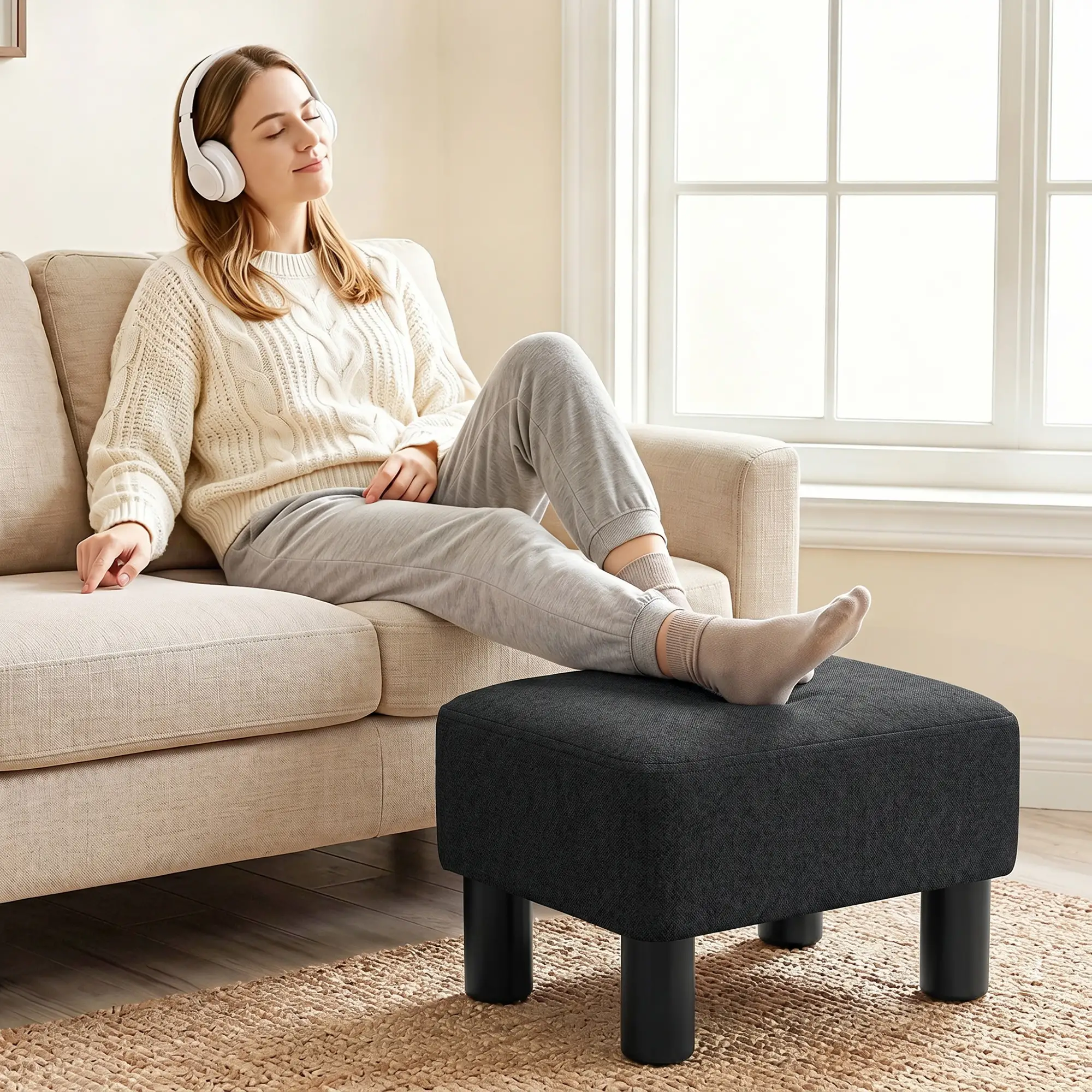 Linen Footstool 40 x 30 x 24cm - Black - 2