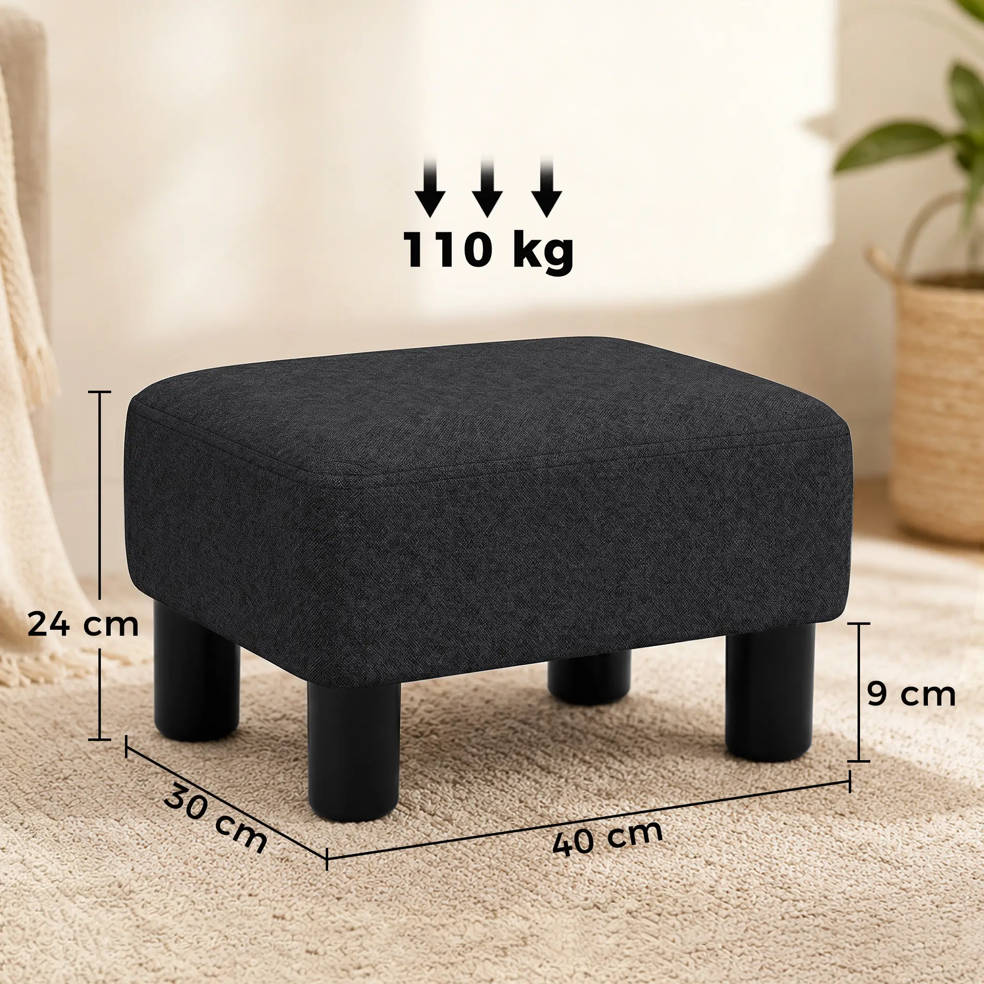 Linen Footstool 40 x 30 x 24cm - Black - 3