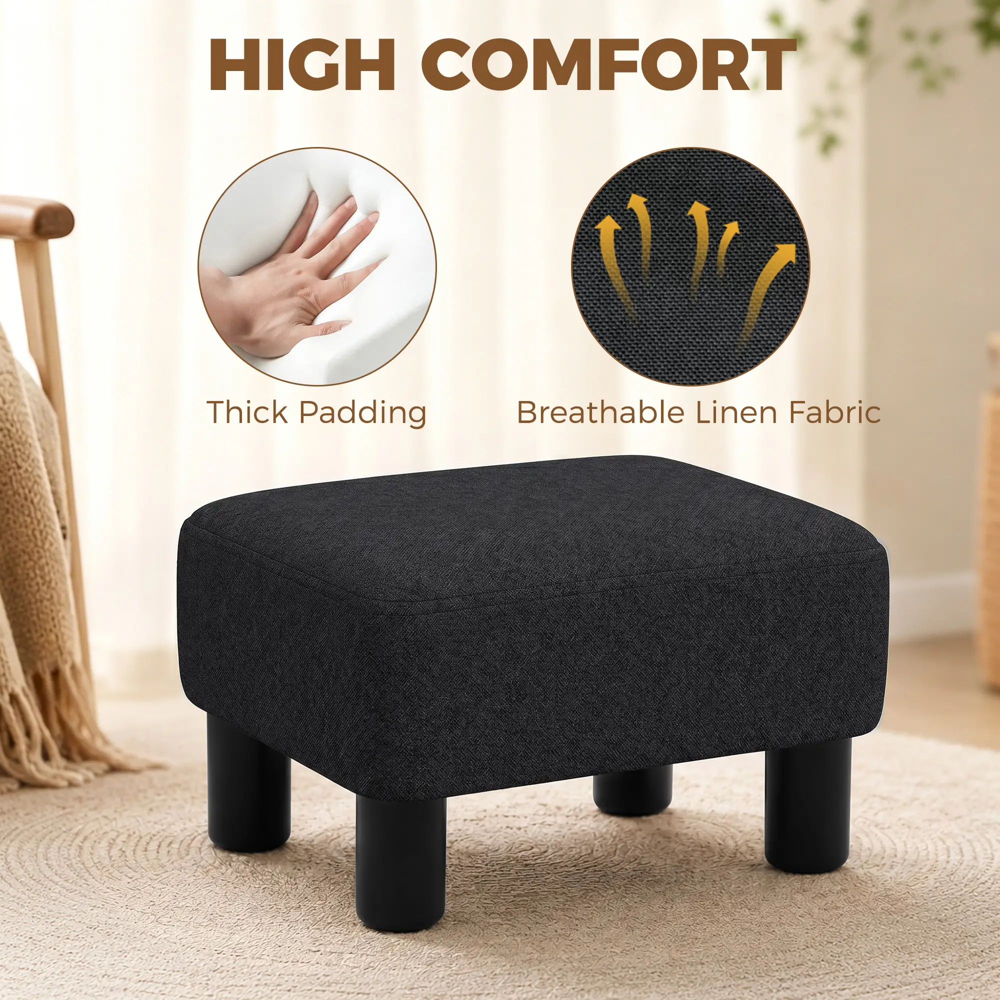 Linen Footstool 40 x 30 x 24cm - Black - 4
