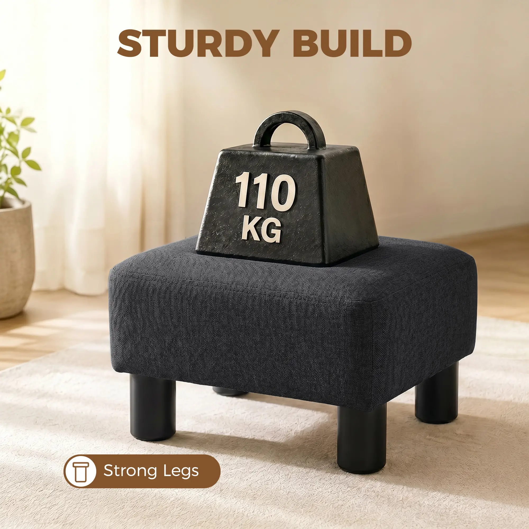 Linen Footstool 40 x 30 x 24cm - Black - 5