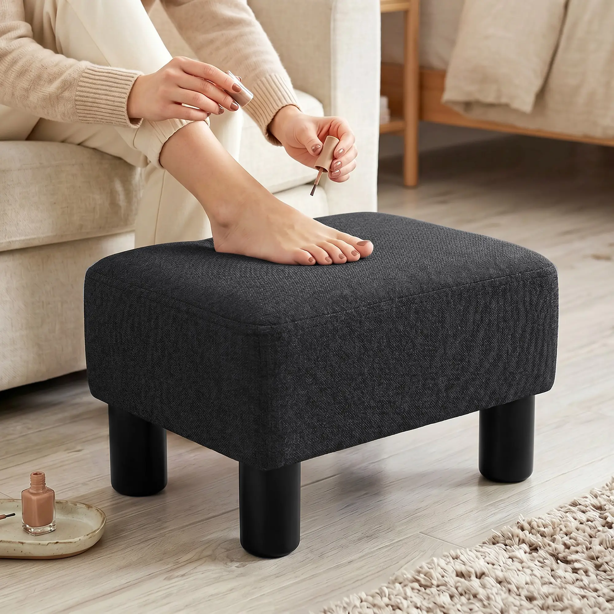 Linen Footstool 40 x 30 x 24cm - Black - 7