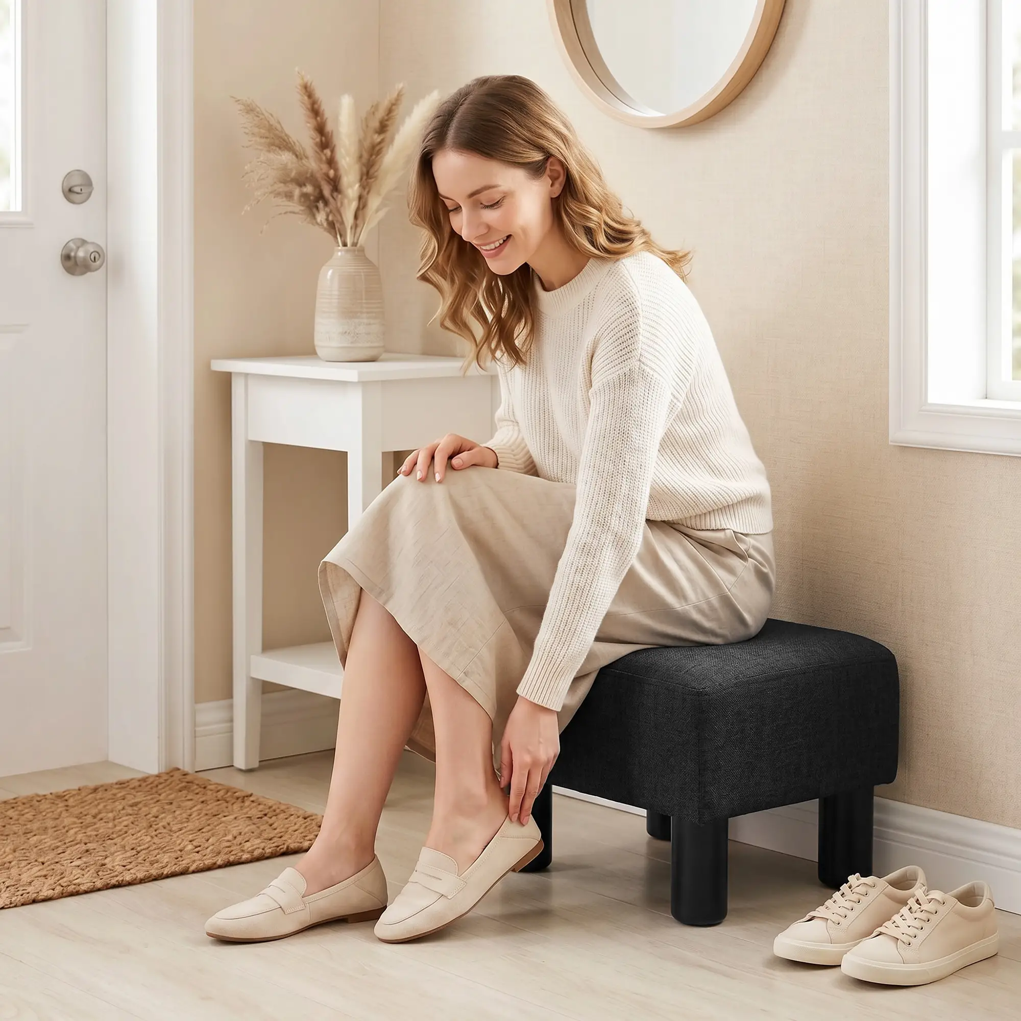Linen Footstool 40 x 30 x 24cm - Black - 8