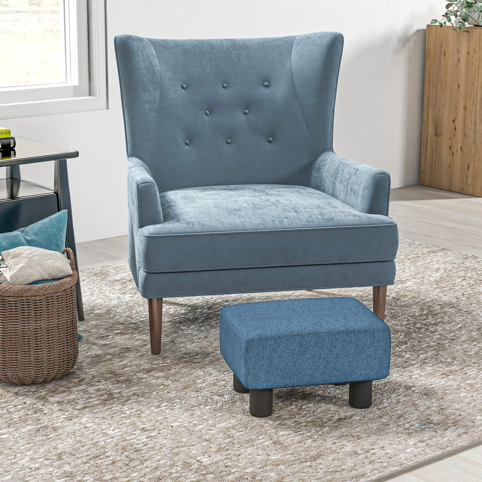Linen Footstool 40 x 30 x 24cm - Blue - 2