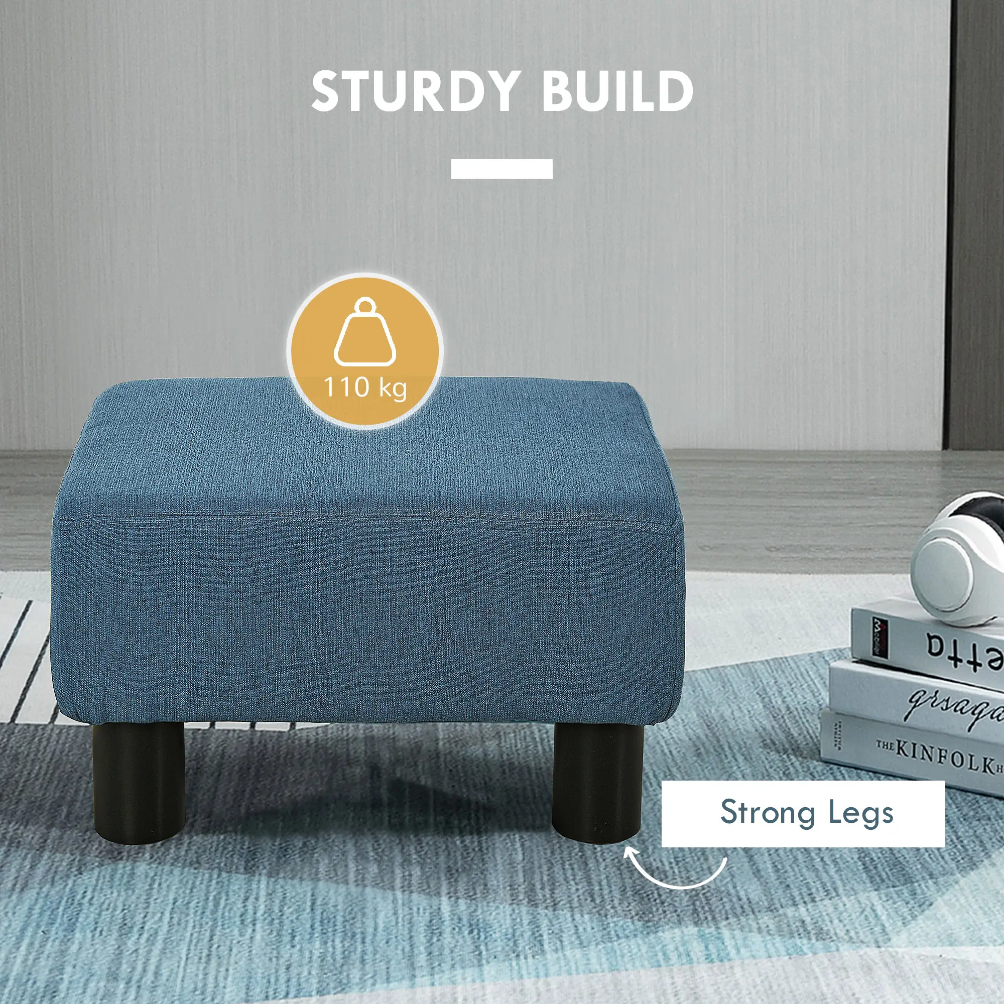 Linen Footstool 40 x 30 x 24cm - Blue - 5