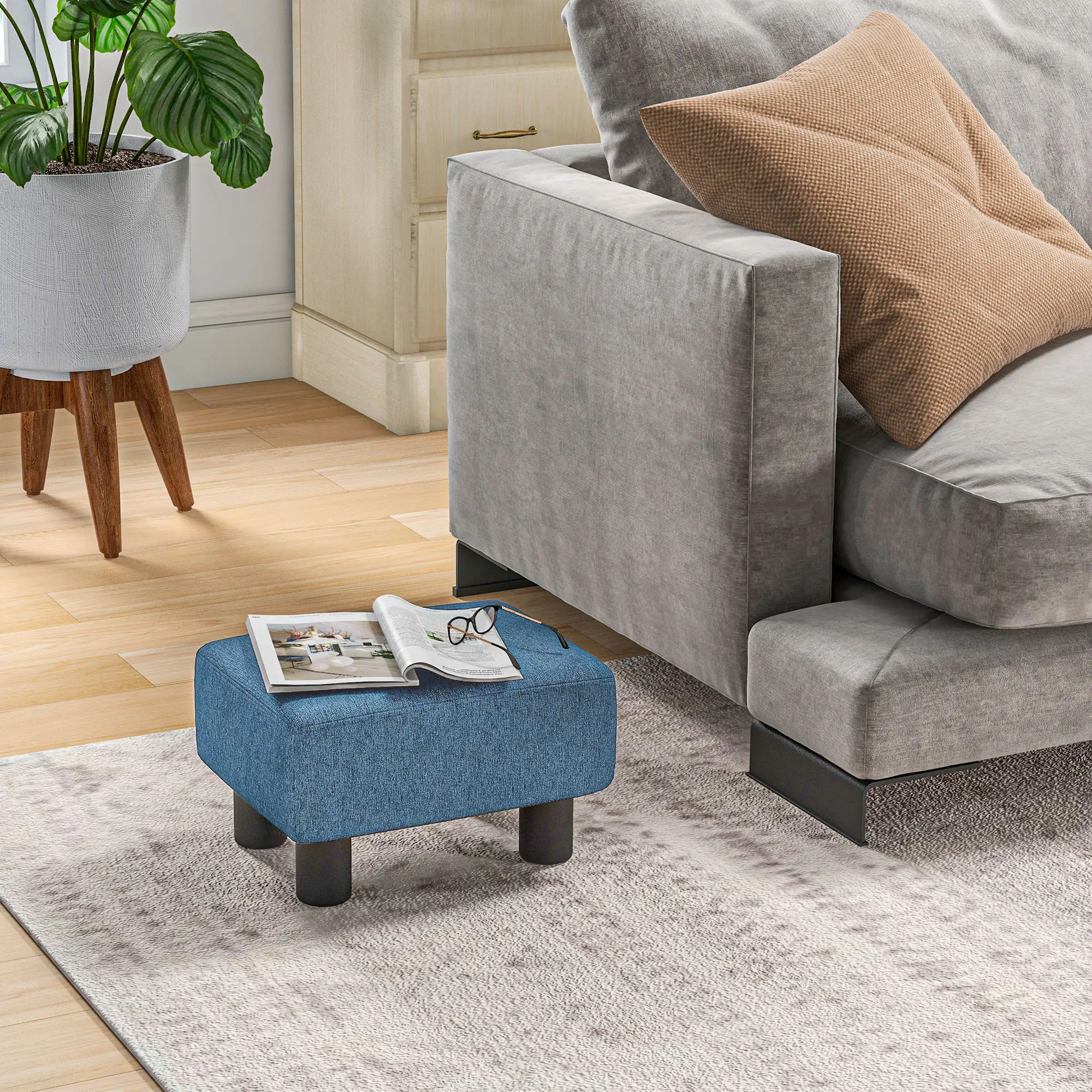 Linen Footstool 40 x 30 x 24cm - Blue - 10