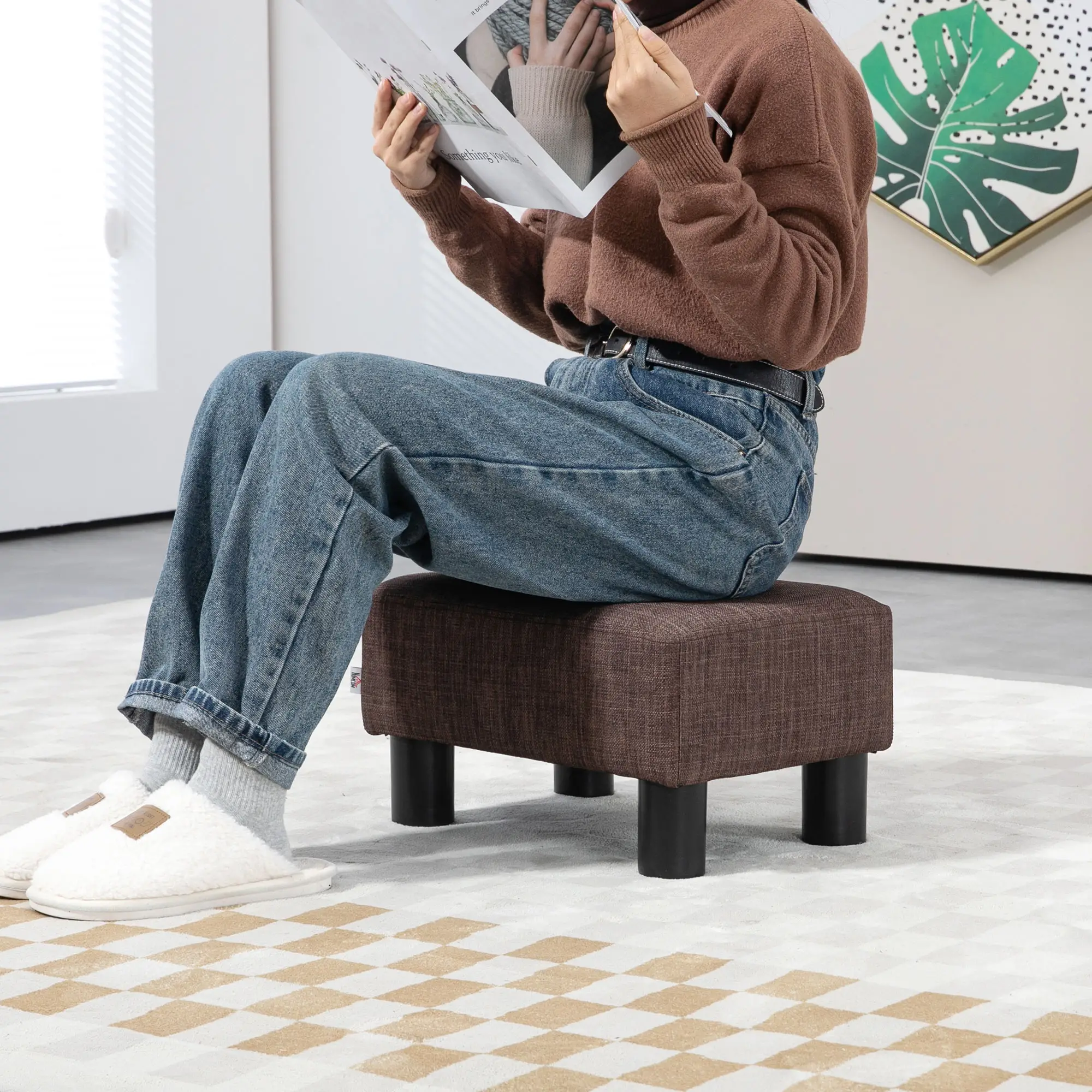 Linen Footstool 40 x 30 x 24cm - Brown - 7