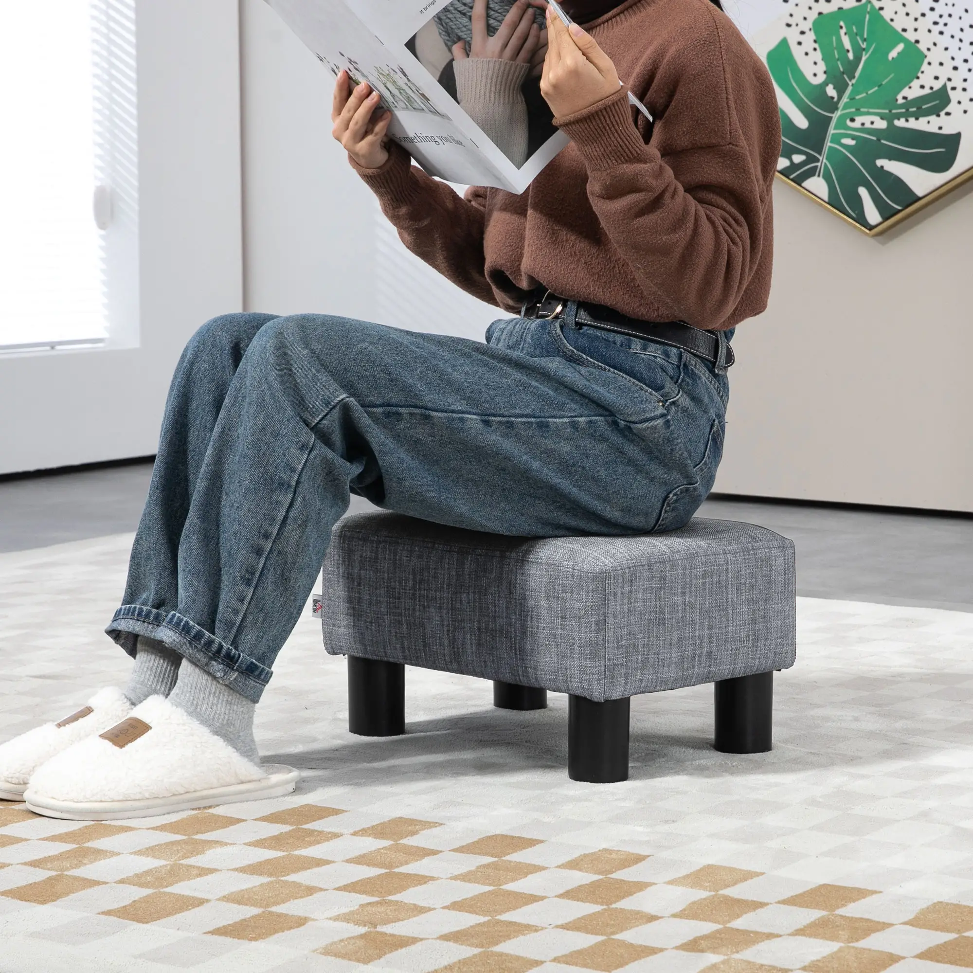 Linen Footstool 40 x 30 x 24cm - Grey - 7