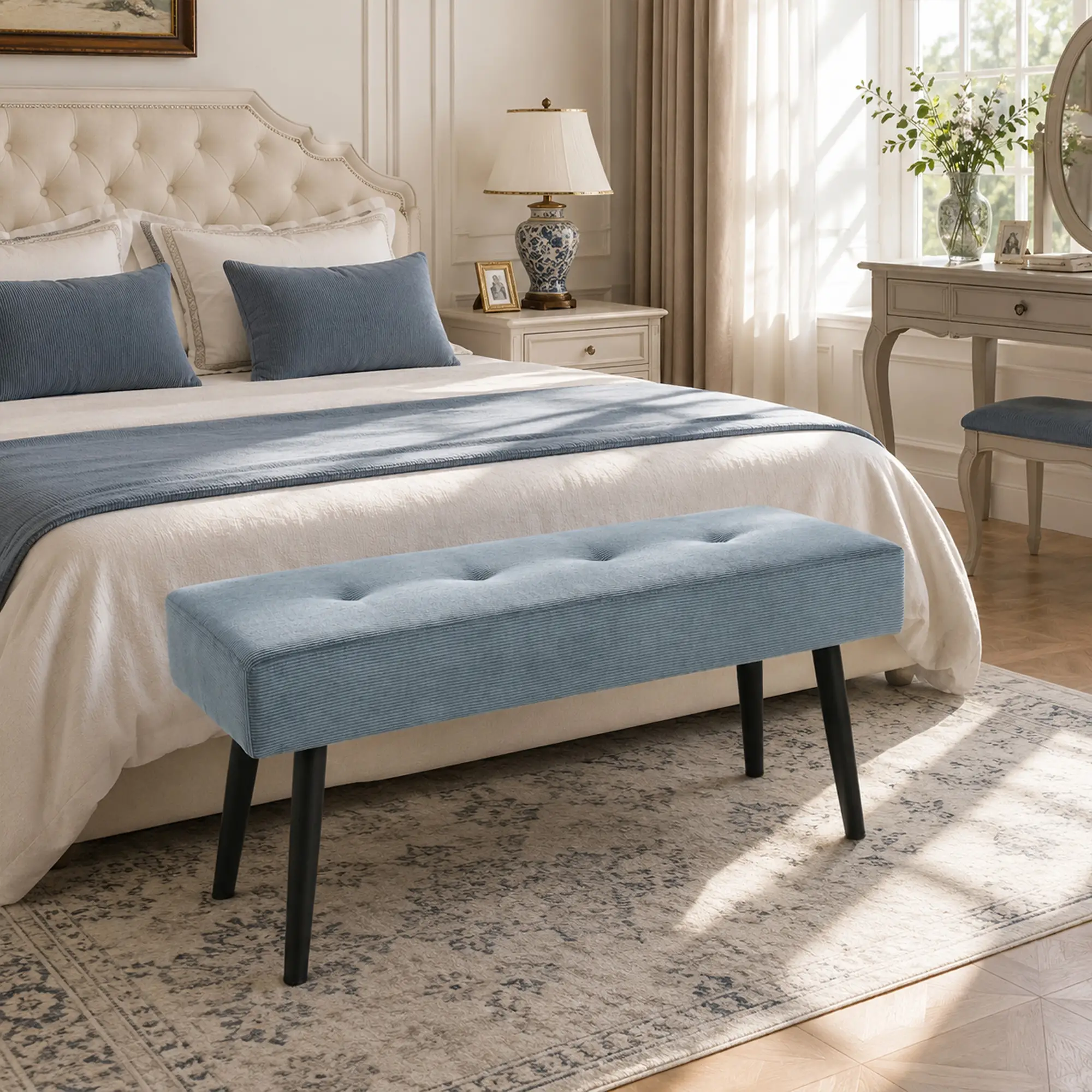 Corduroy Ottoman Bench 100 x 36 x 45cm - Blue - 2