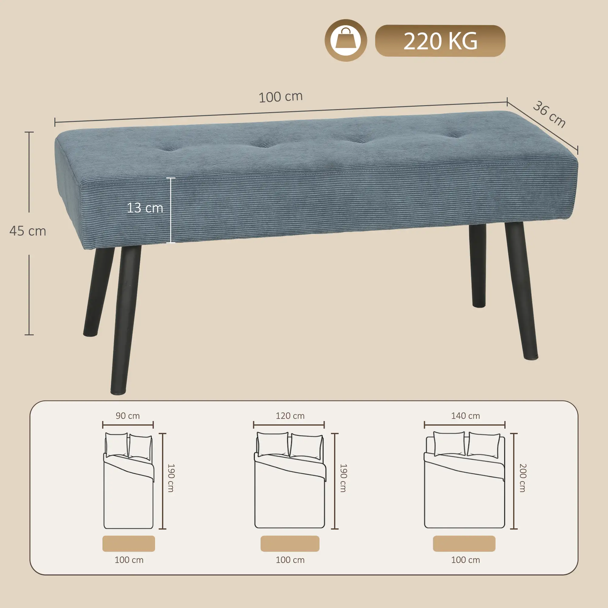 Corduroy Ottoman Bench 100 x 36 x 45cm - Blue - 3