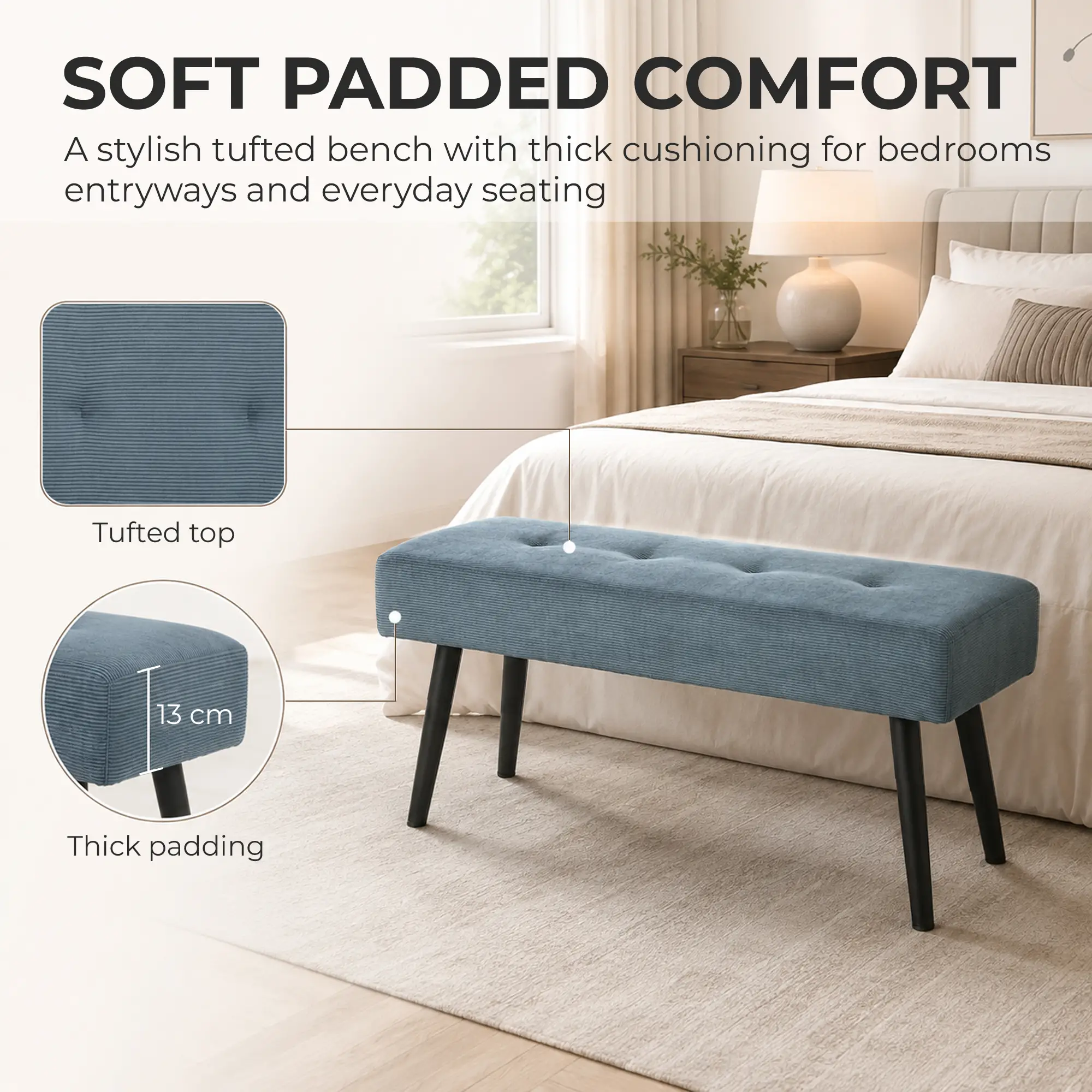 Corduroy Ottoman Bench 100 x 36 x 45cm - Blue - 4