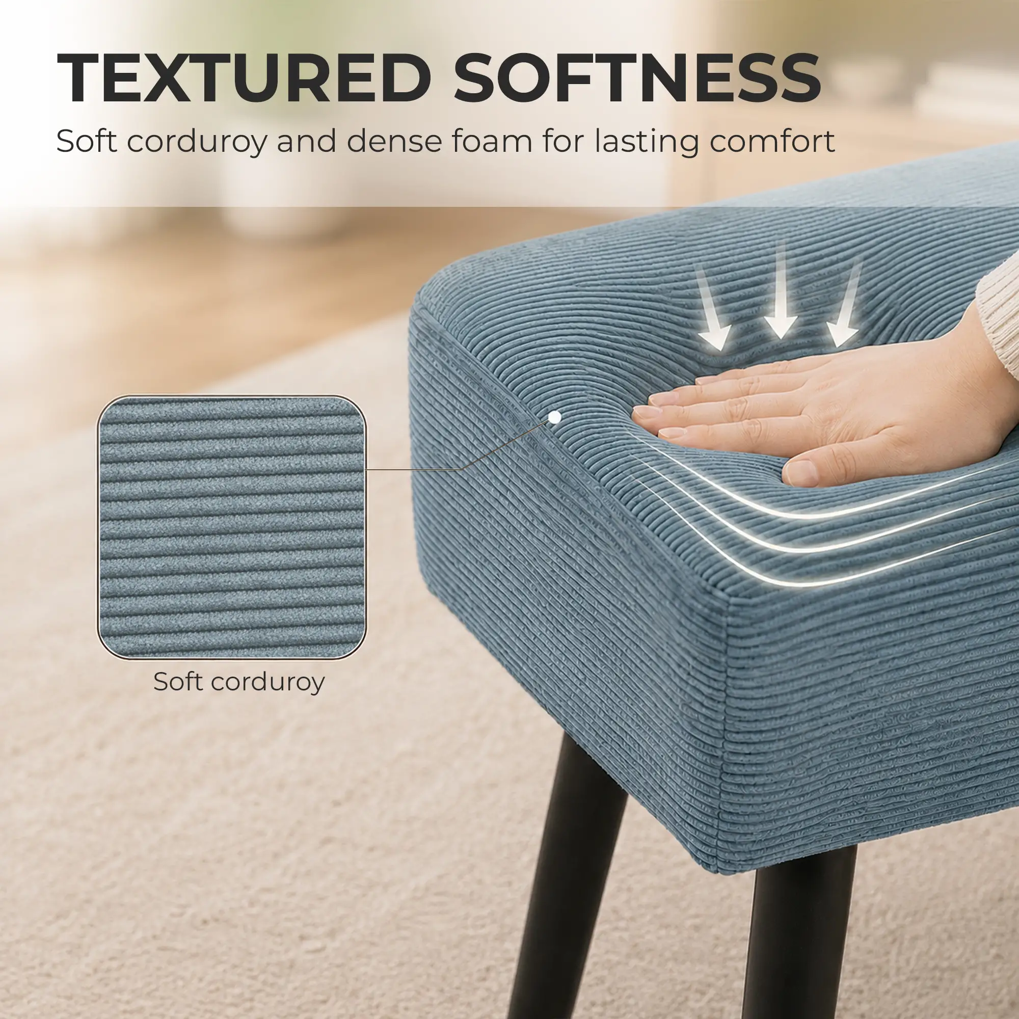Corduroy Ottoman Bench 100 x 36 x 45cm - Blue - 5
