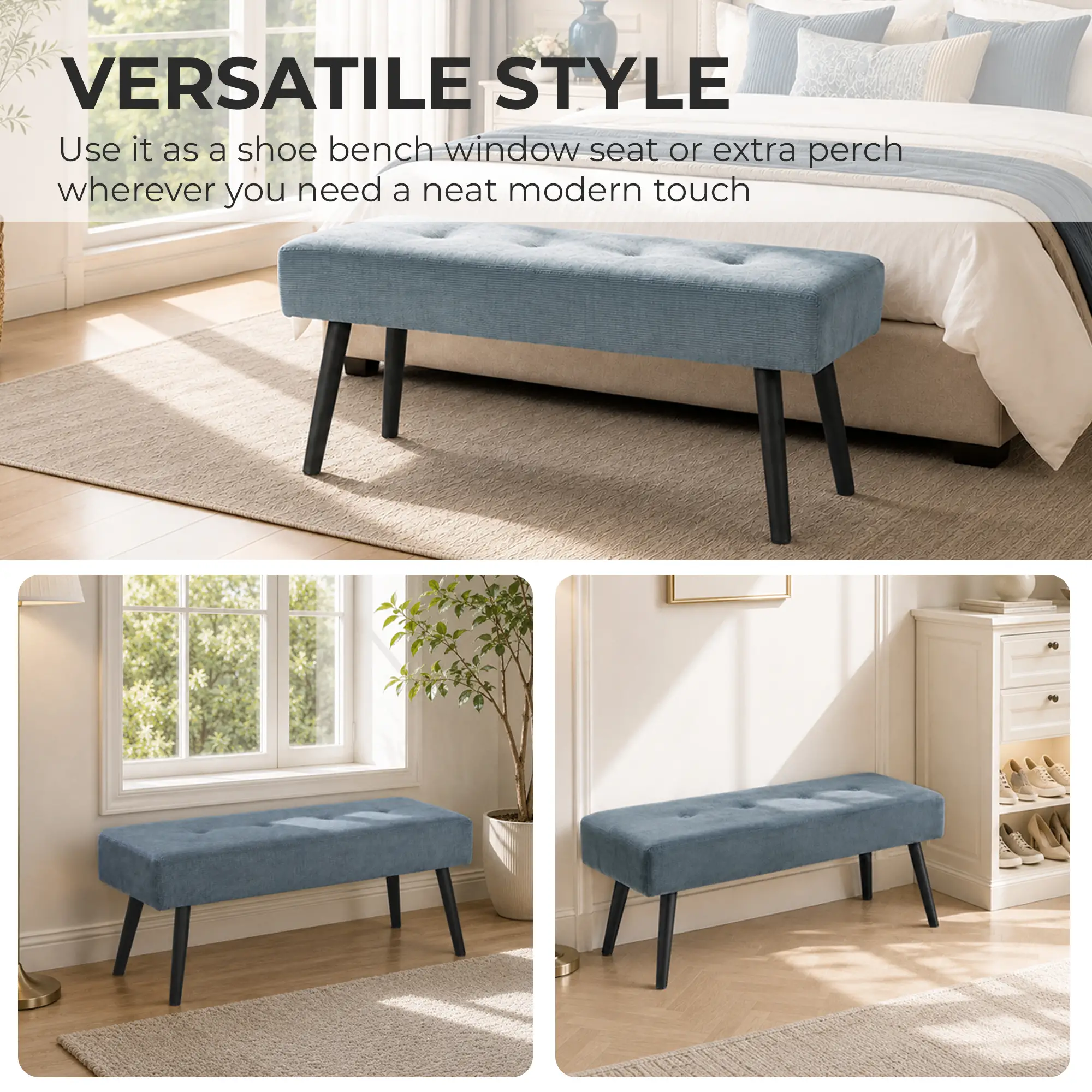 Corduroy Ottoman Bench 100 x 36 x 45cm - Blue - 7