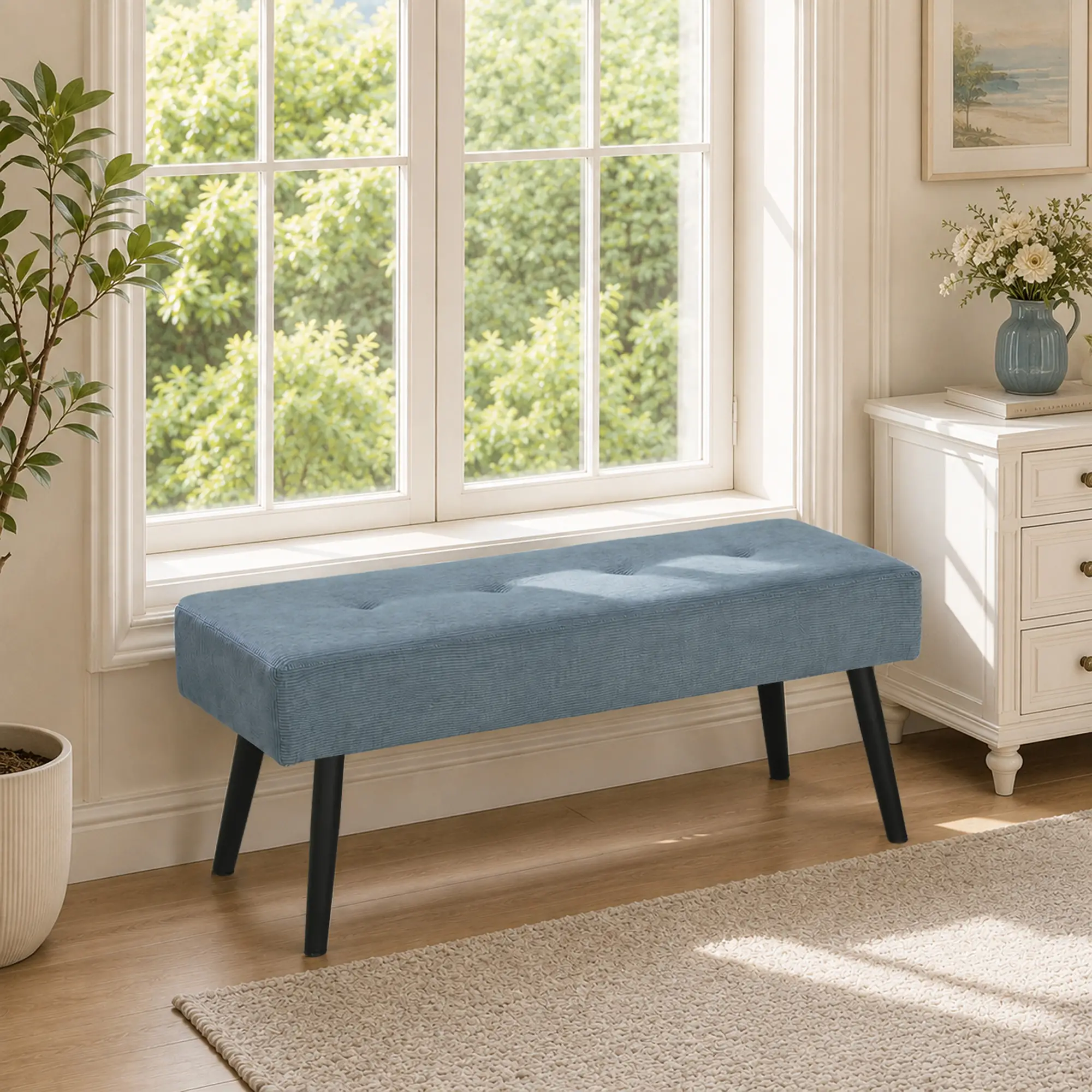 Corduroy Ottoman Bench 100 x 36 x 45cm - Blue - 9