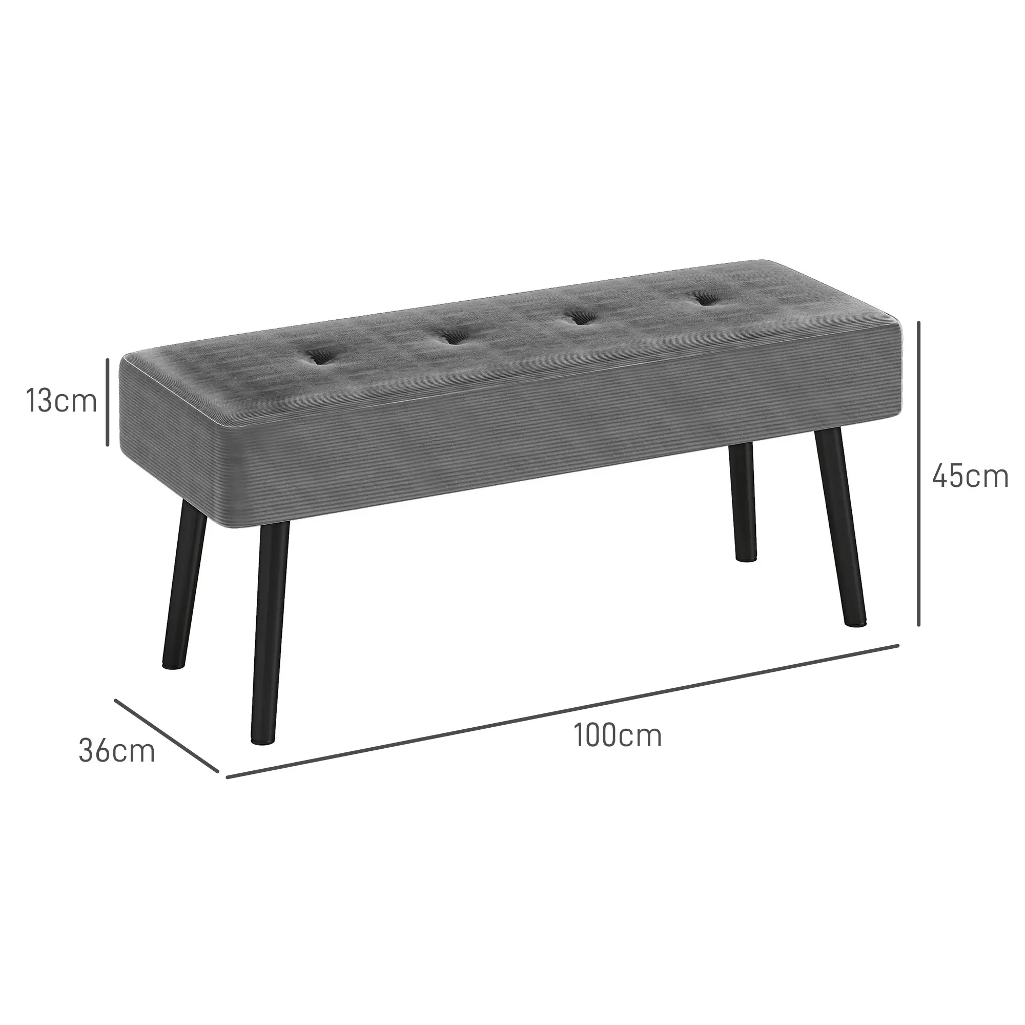 Corduroy Ottoman Bench 100 x 36 x 45cm - Grey - 3