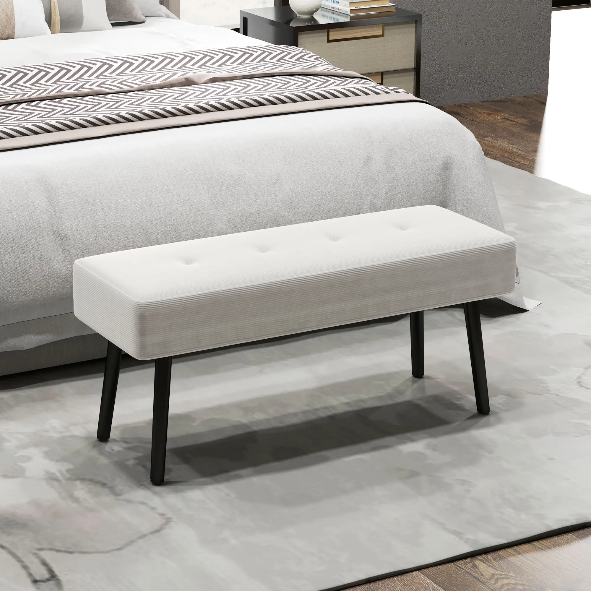 Corduroy Ottoman Bench 100 x 36 x 45cm - Cream White - 2