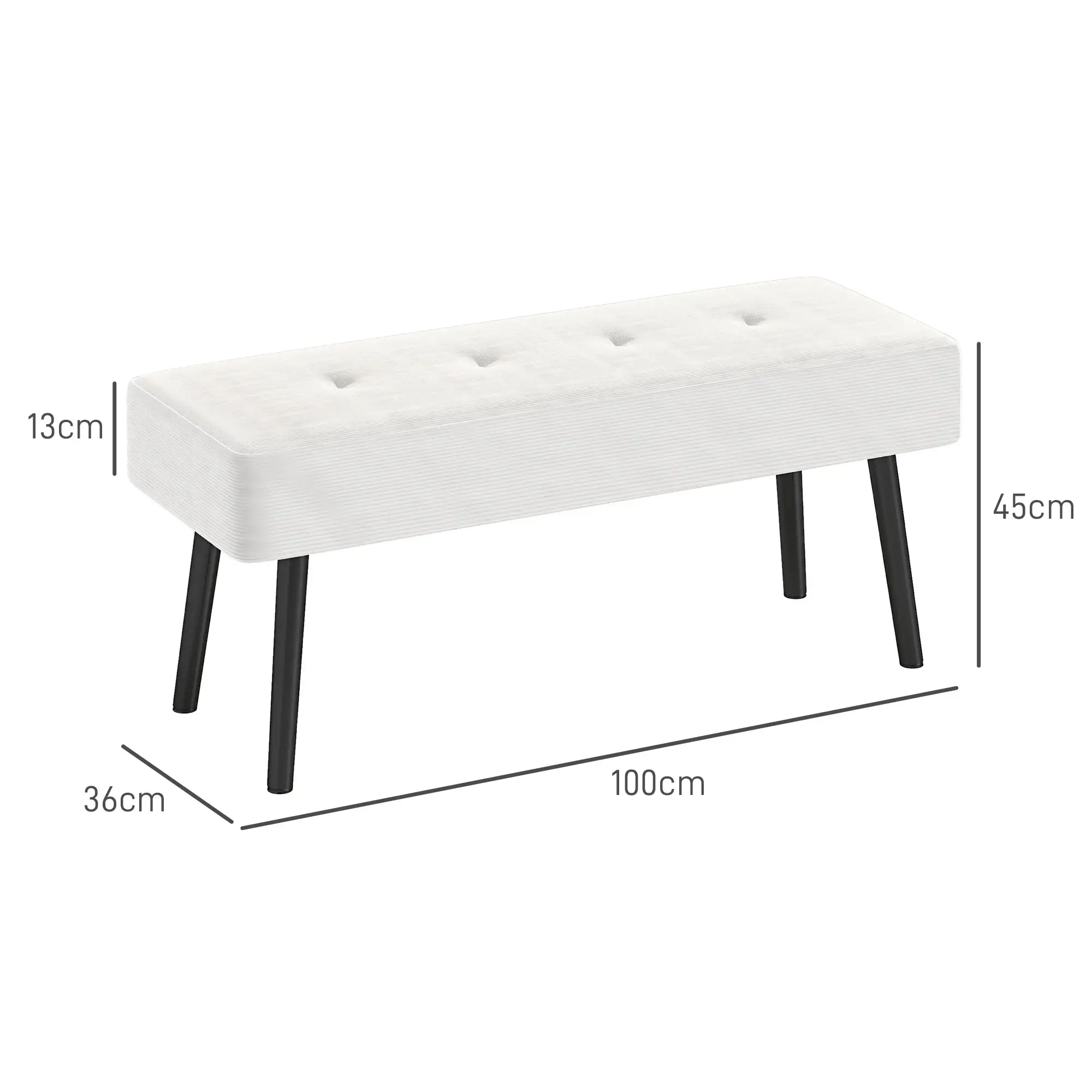 Corduroy Ottoman Bench 100 x 36 x 45cm - Cream White - 3