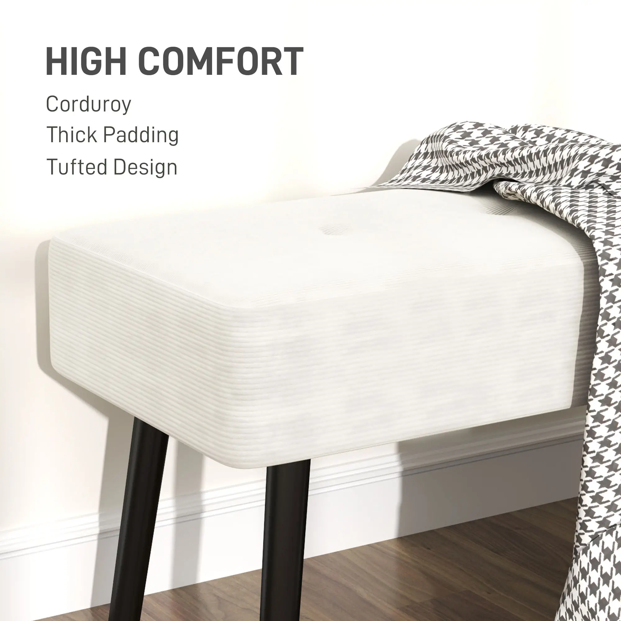 Corduroy Ottoman Bench 100 x 36 x 45cm - Cream White - 4