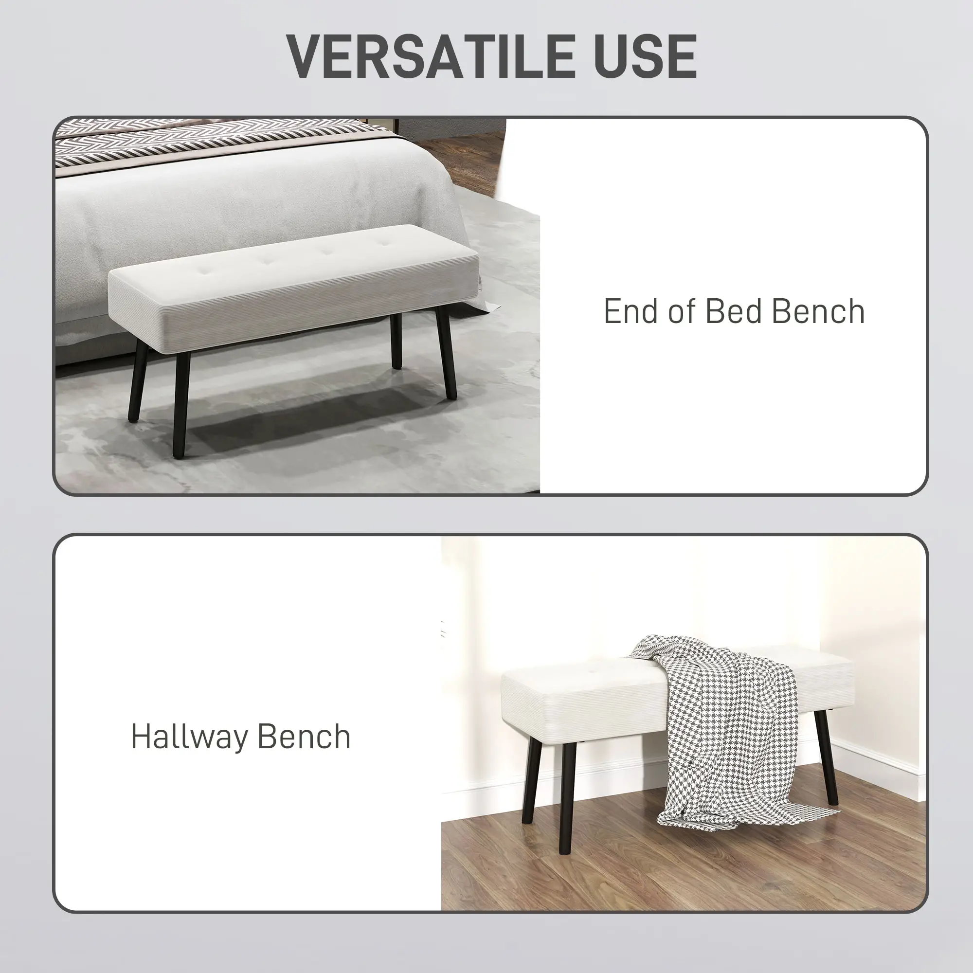 Corduroy Ottoman Bench 100 x 36 x 45cm - Cream White - 6