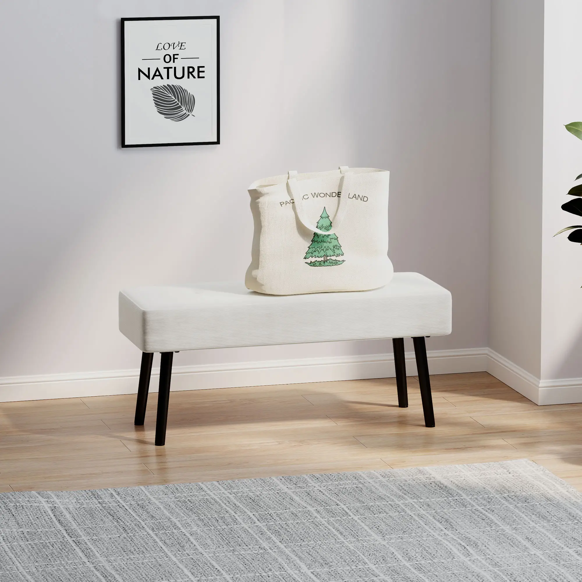 Corduroy Ottoman Bench 100 x 36 x 45cm - Cream White - 12