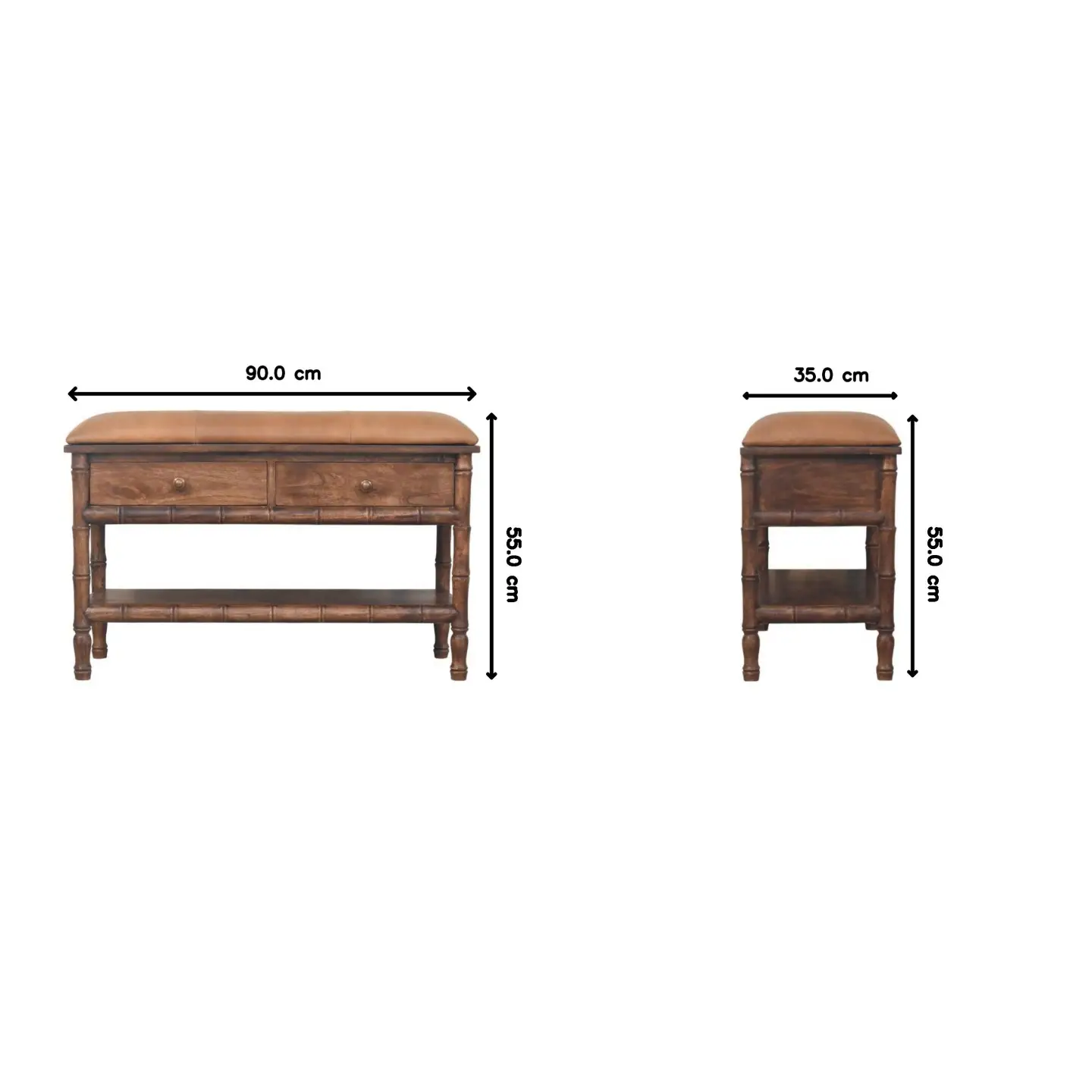 Mango Wood Storage Bench 35 x 90 x 55cm, Brown - Brown - 3