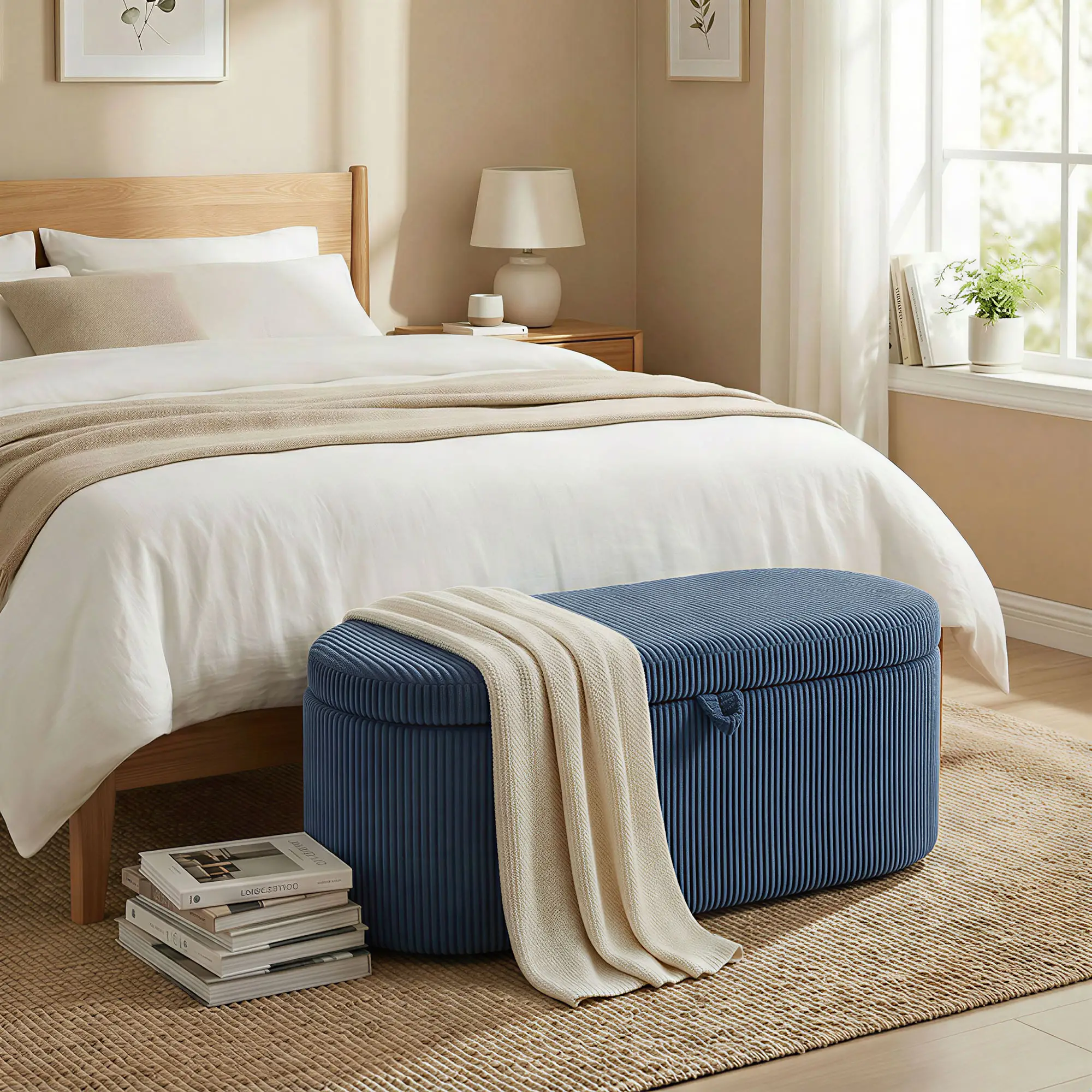 Corduroy Storage Ottoman 105 x 51 x 49cm - Blue - 2