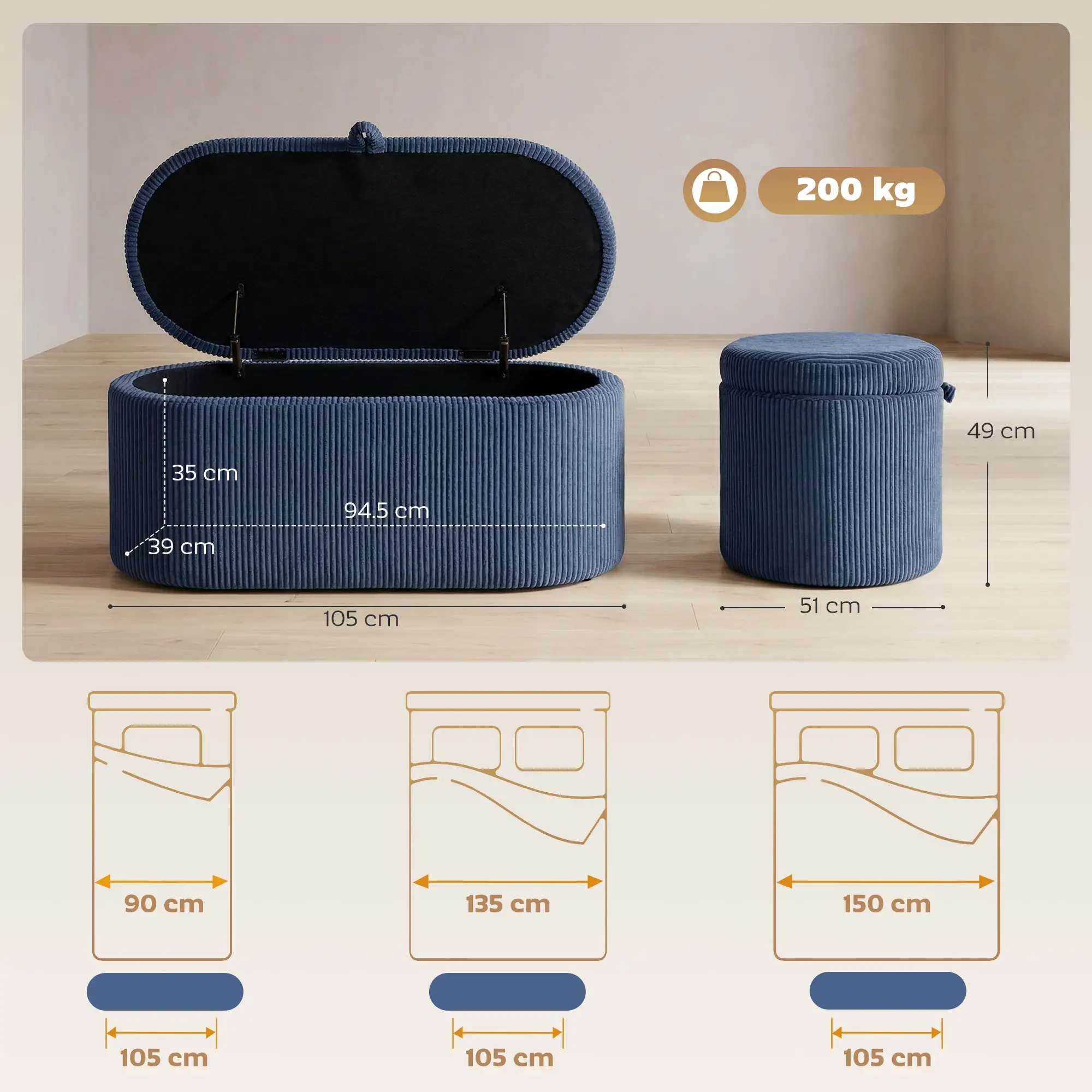 Corduroy Storage Ottoman 105 x 51 x 49cm - Blue - 3