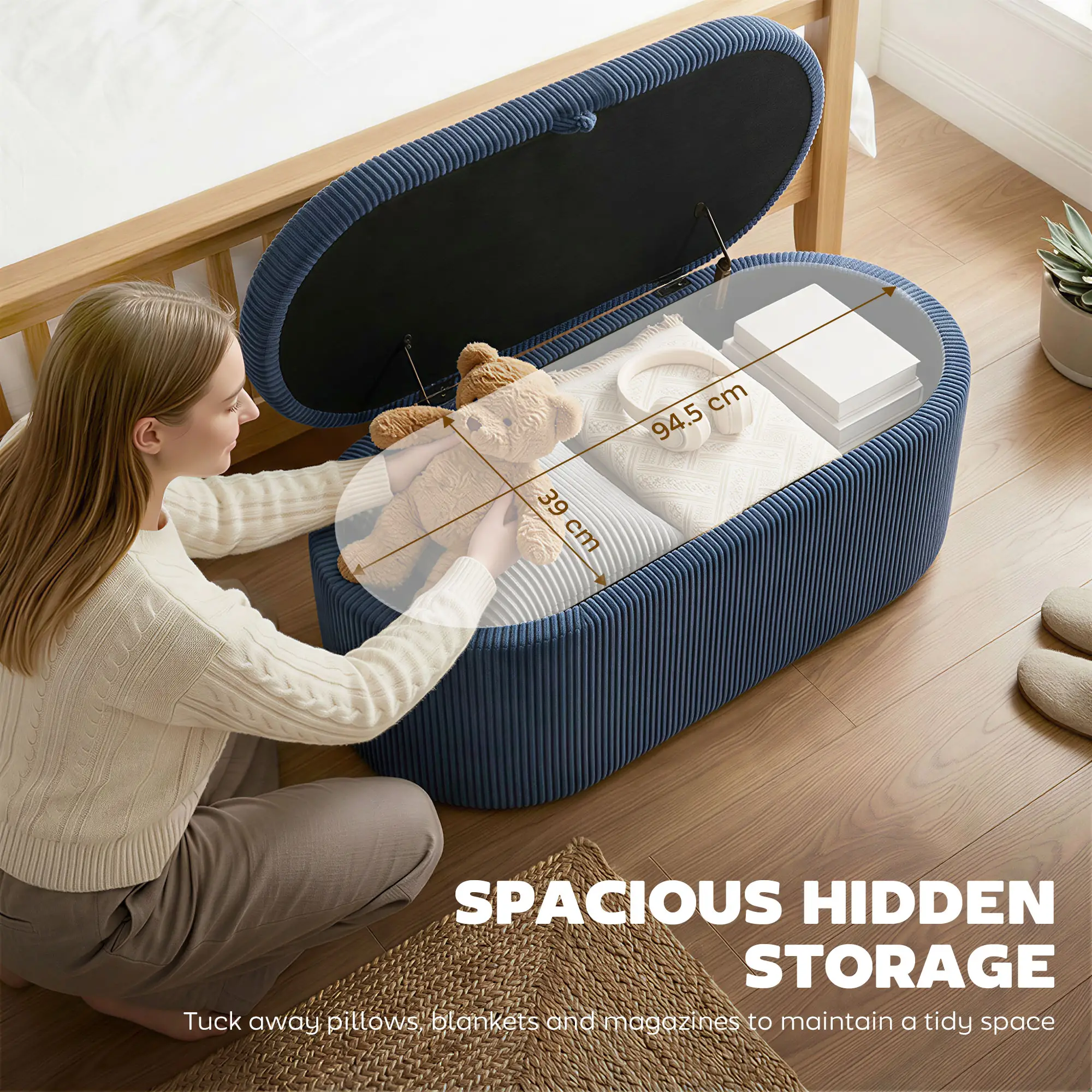 Corduroy Storage Ottoman 105 x 51 x 49cm - Blue - 4