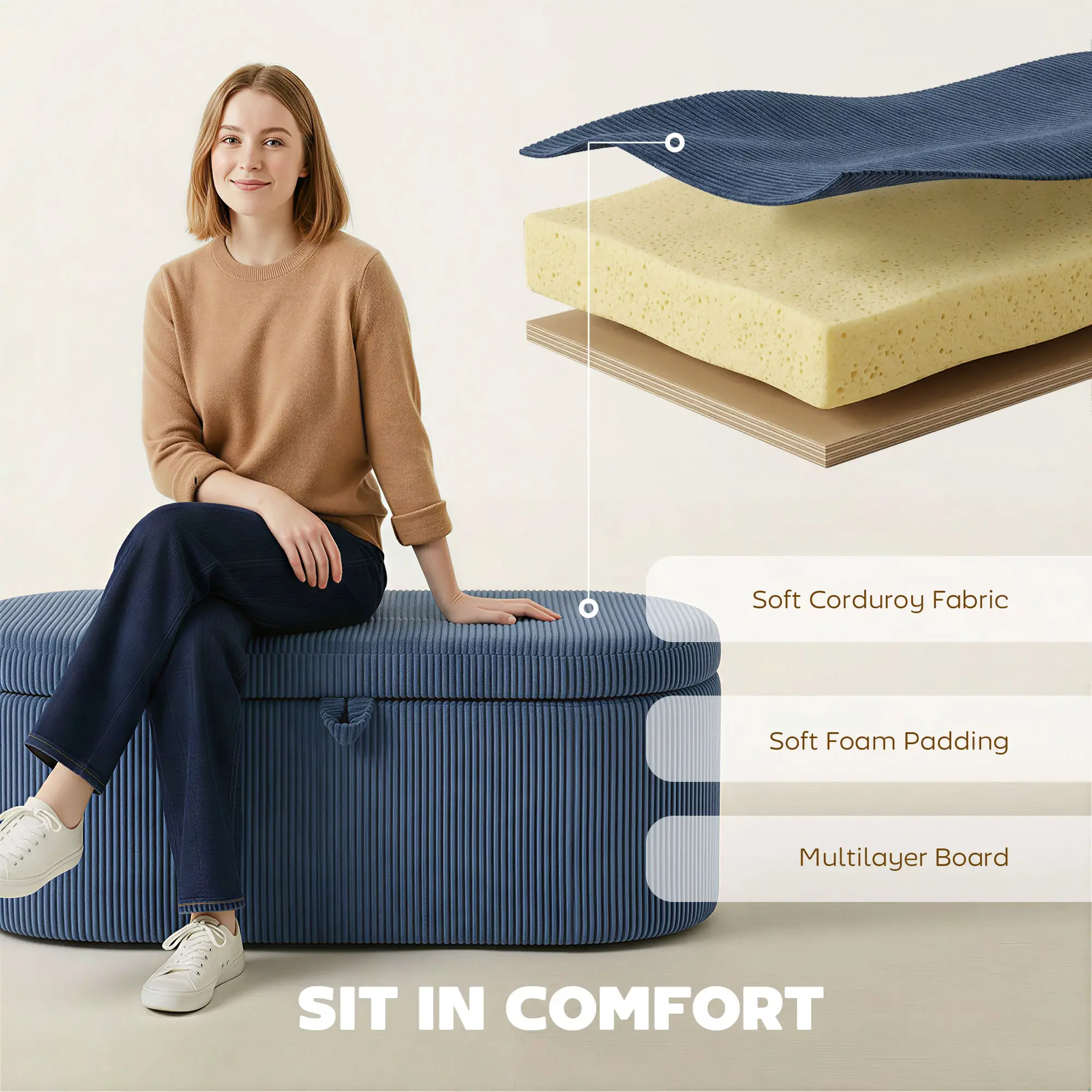 Corduroy Storage Ottoman 105 x 51 x 49cm - Blue - 5