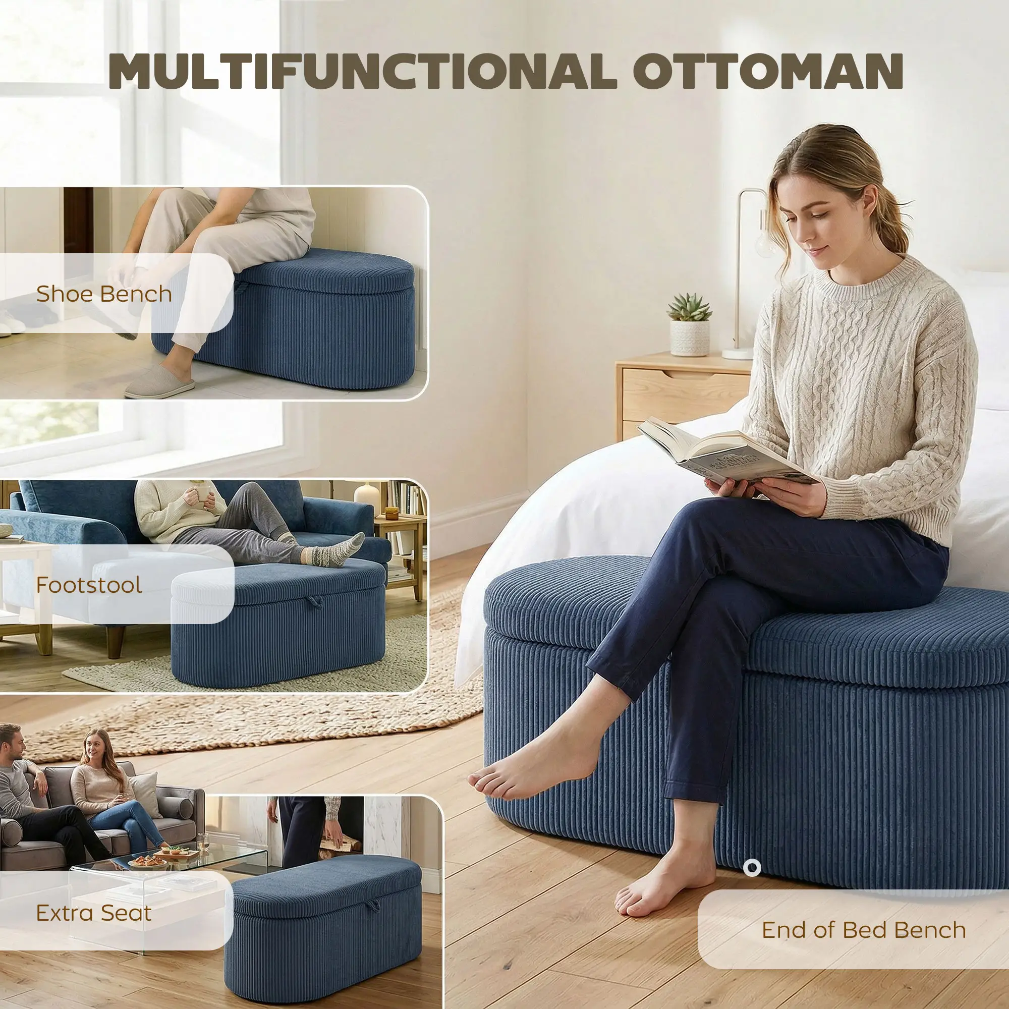 Corduroy Storage Ottoman 105 x 51 x 49cm - Blue - 7