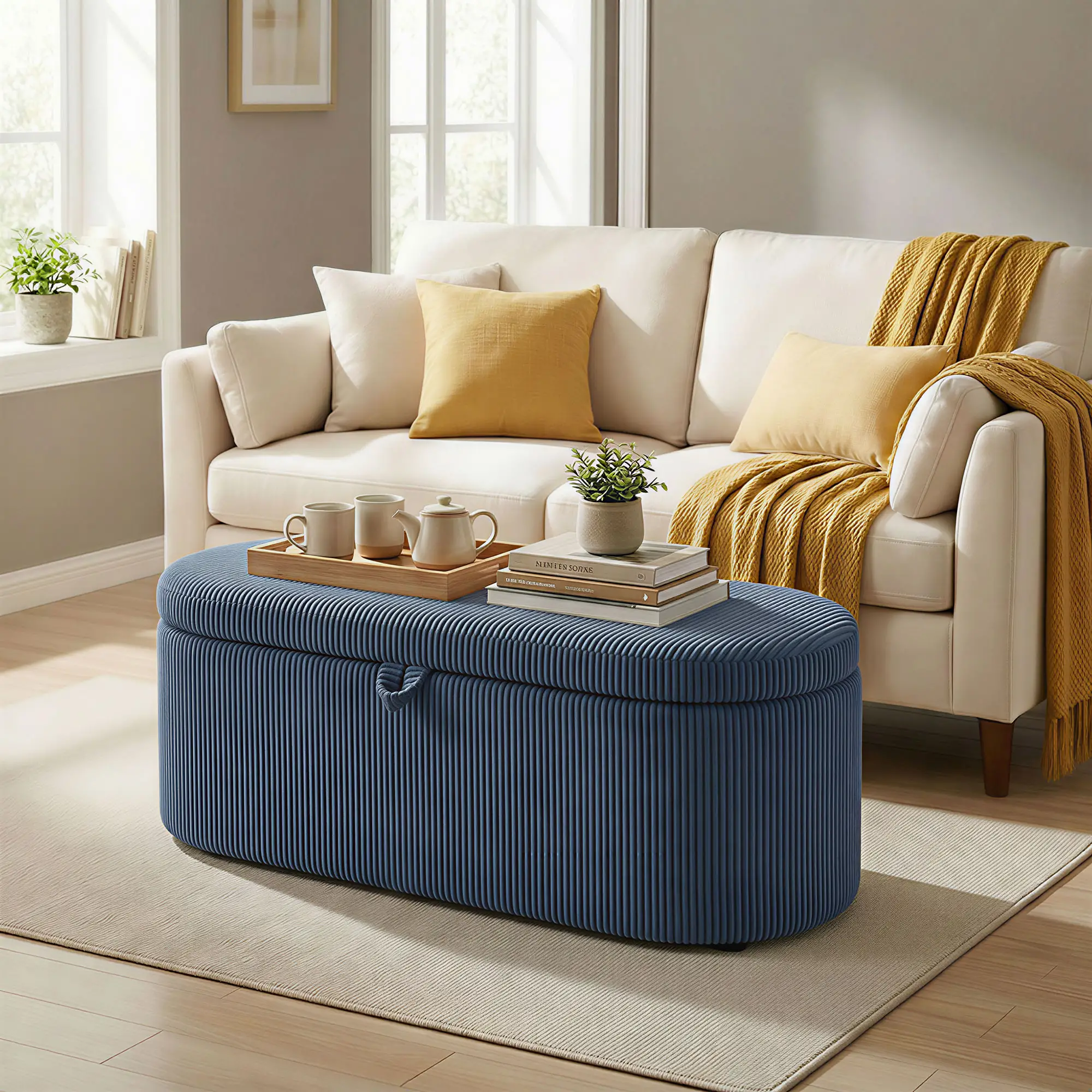 Corduroy Storage Ottoman 105 x 51 x 49cm - Blue - 10