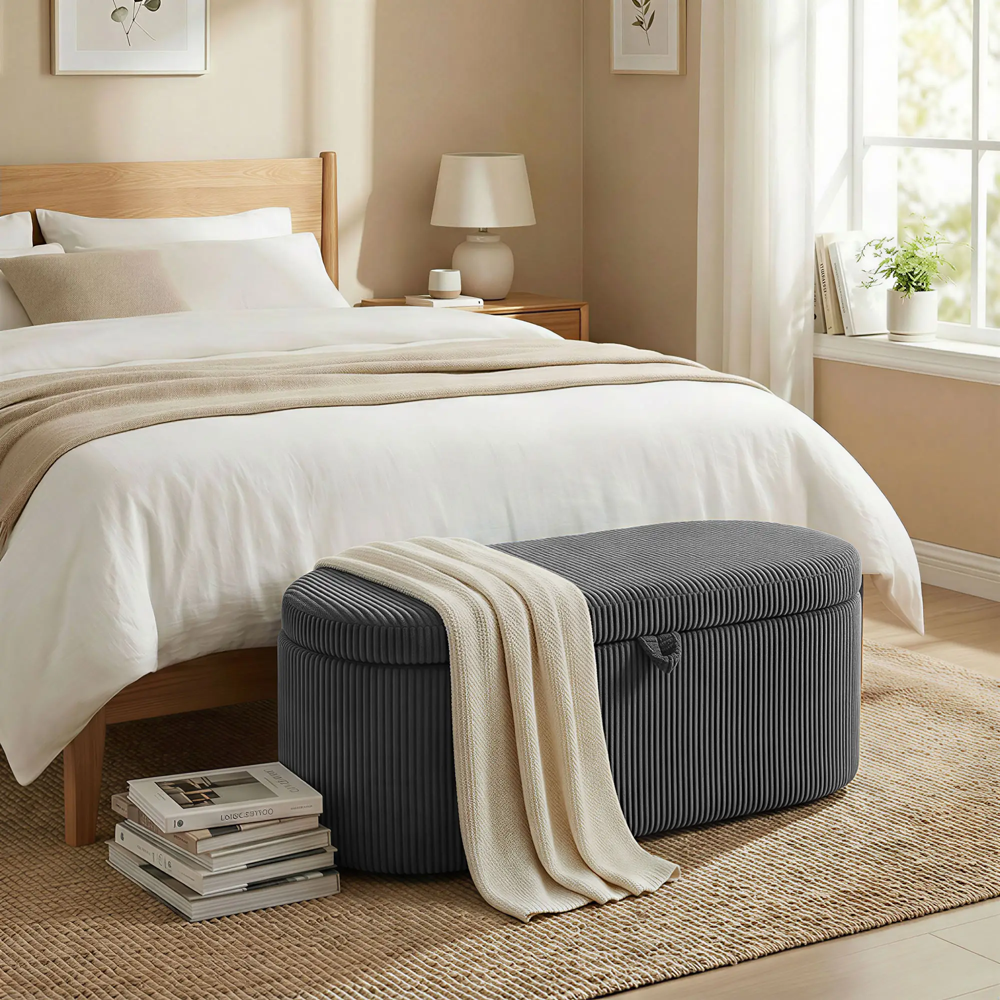 Corduroy Storage Ottoman 105 x 51 x 49cm - Dark Grey - 2