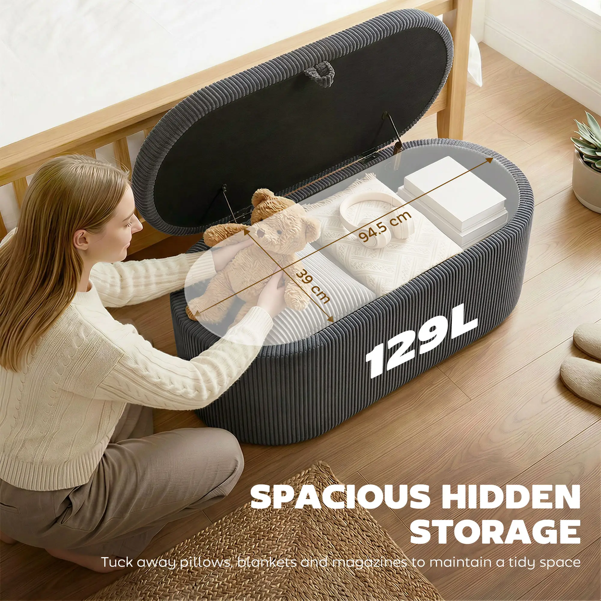 Corduroy Storage Ottoman 105 x 51 x 49cm - Dark Grey - 4