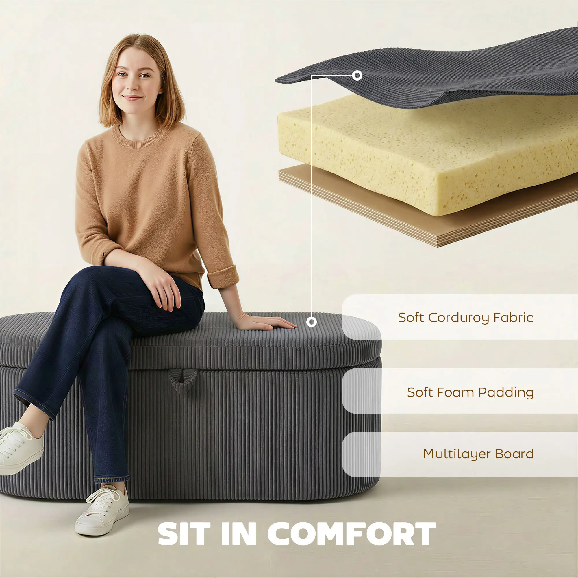 Corduroy Storage Ottoman 105 x 51 x 49cm - Dark Grey - 5