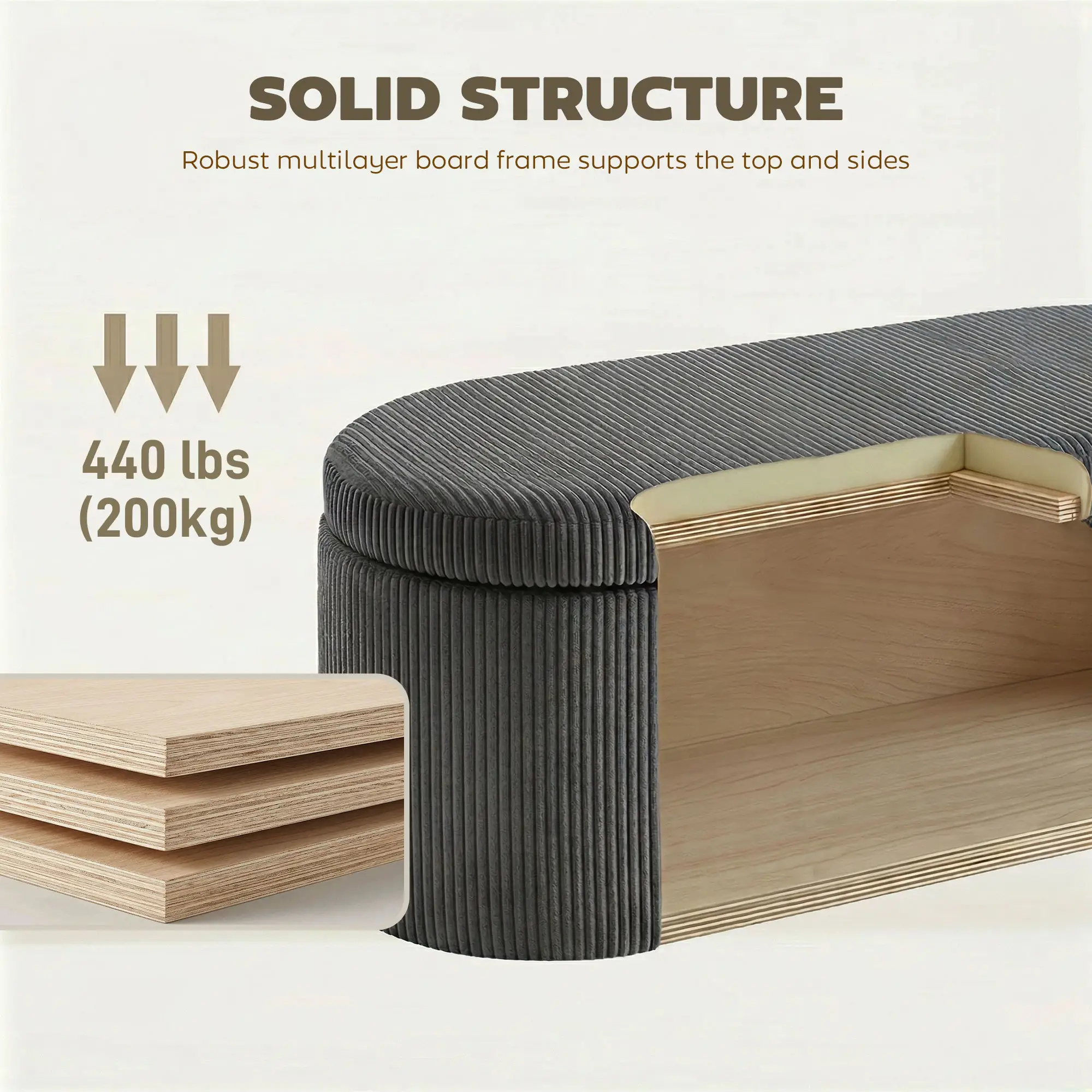 Corduroy Storage Ottoman 105 x 51 x 49cm - Dark Grey - 6