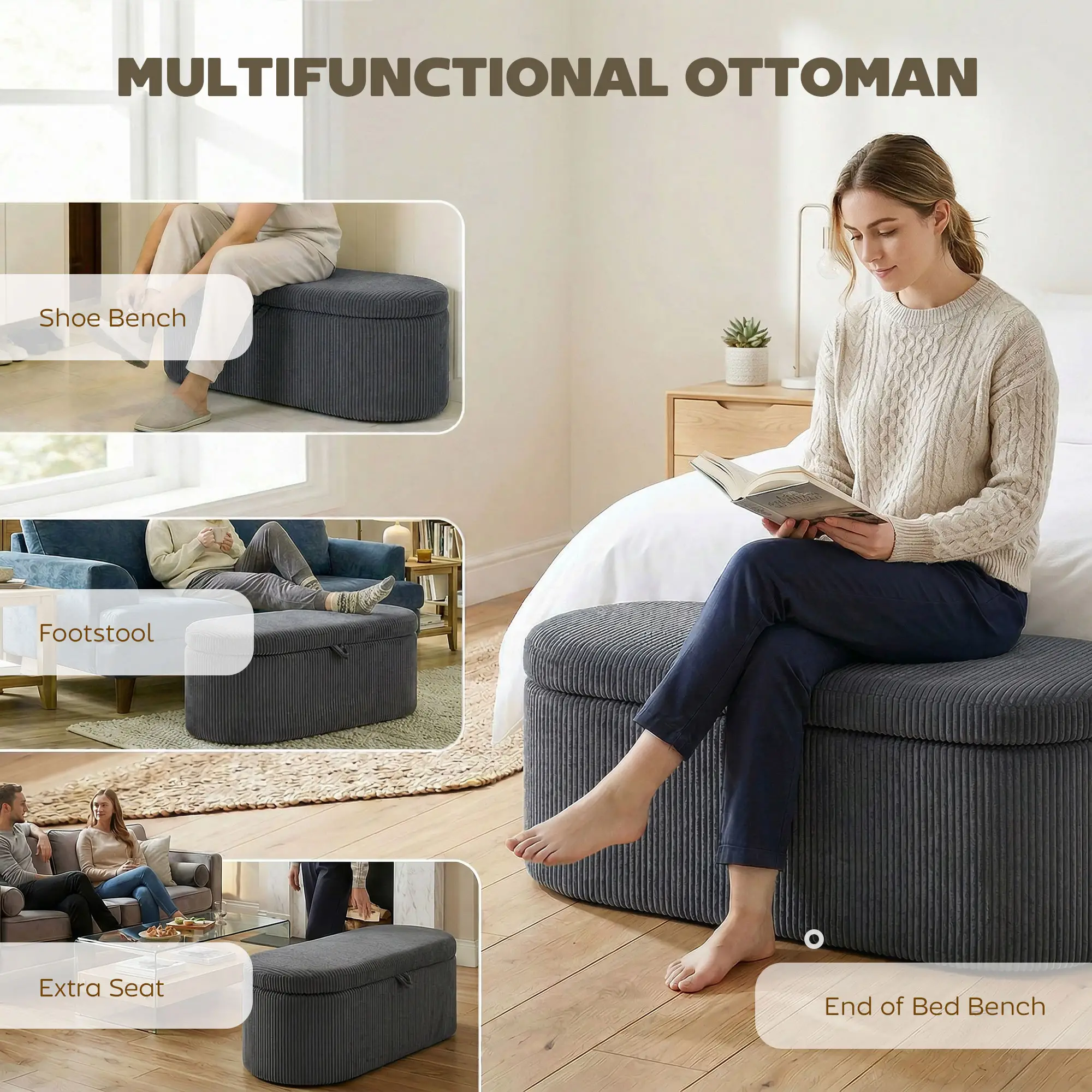 Corduroy Storage Ottoman 105 x 51 x 49cm - Dark Grey - 7