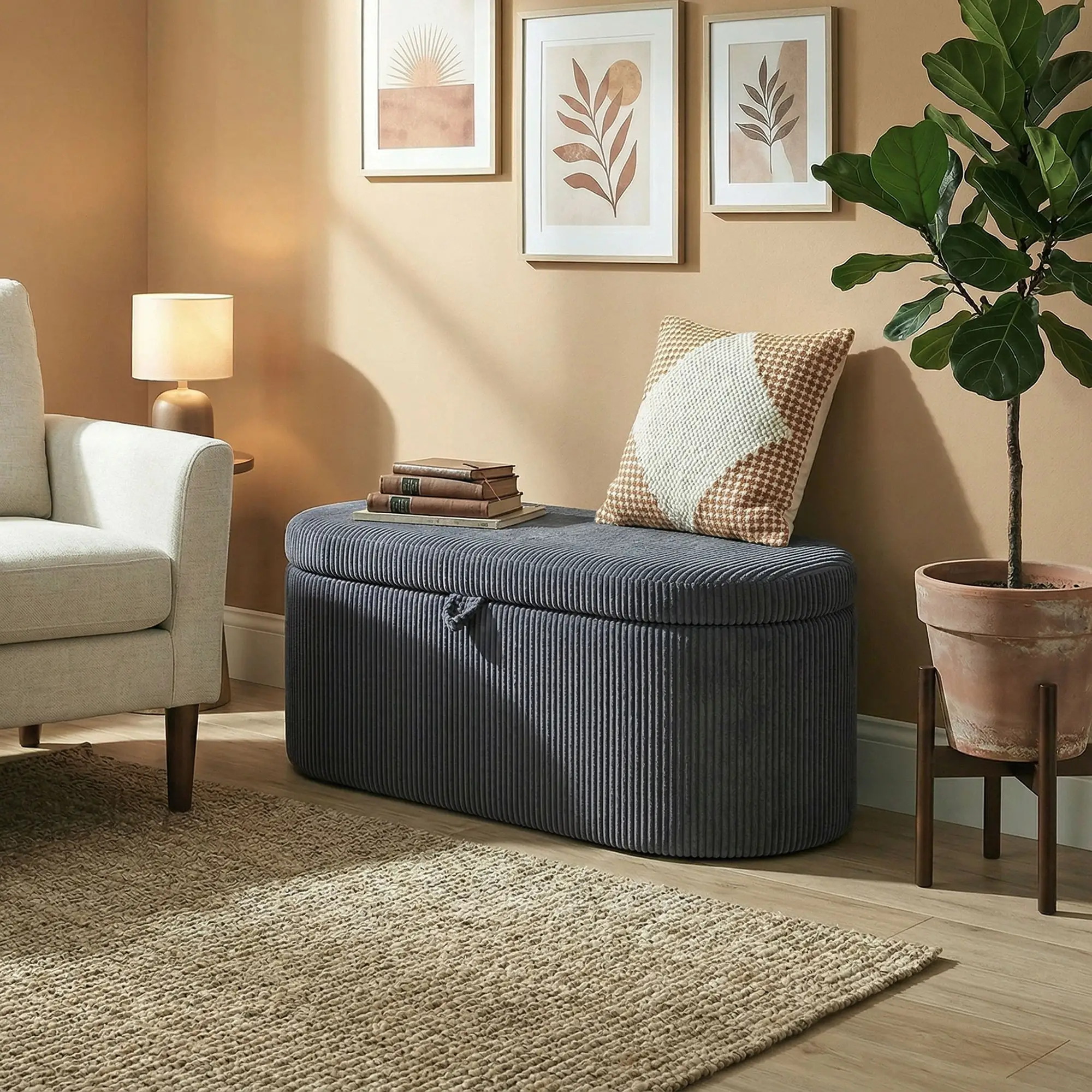 Corduroy Storage Ottoman 105 x 51 x 49cm - Dark Grey - 8