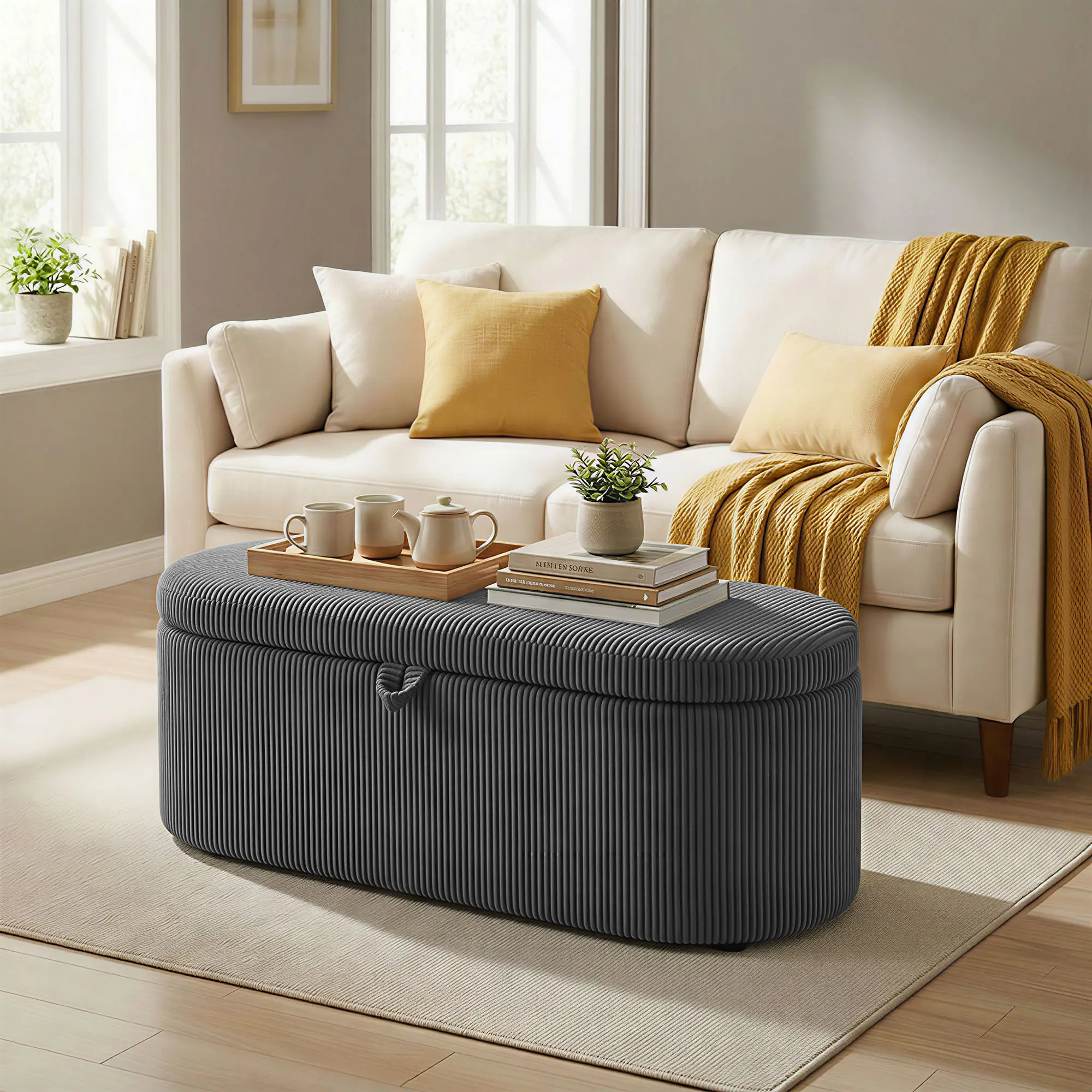 Corduroy Storage Ottoman 105 x 51 x 49cm - Dark Grey - 10